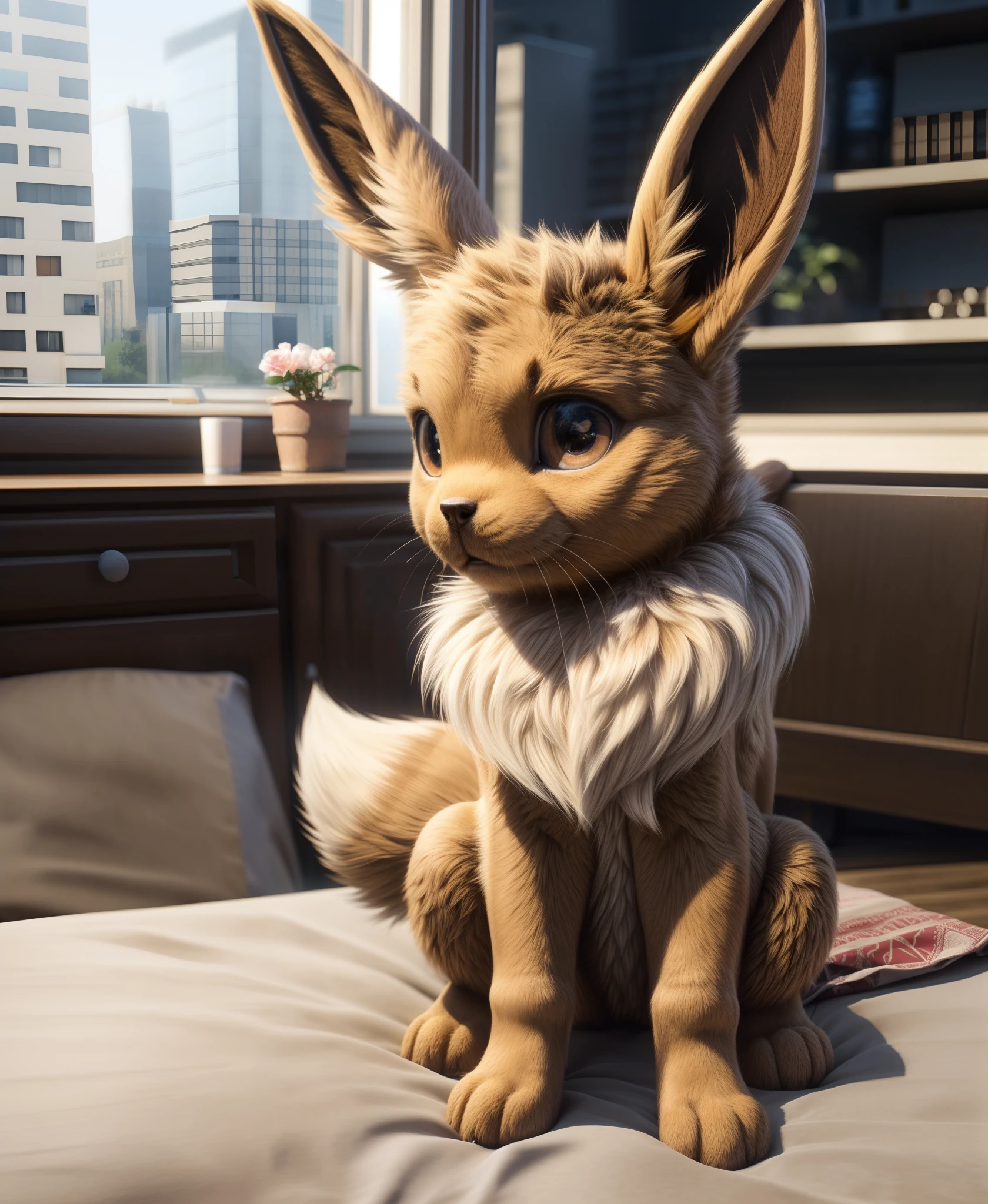 feral eevee sitting on bed,BREAK,(masterpiece, best quality, ultra realistic, 4k, 2k, (intricate:1.1), (high detail:1.4), film photography, (soft focus:1.1),RAW photo, photorealistic, analog style, subsurface scattering, photorealism, absurd res)