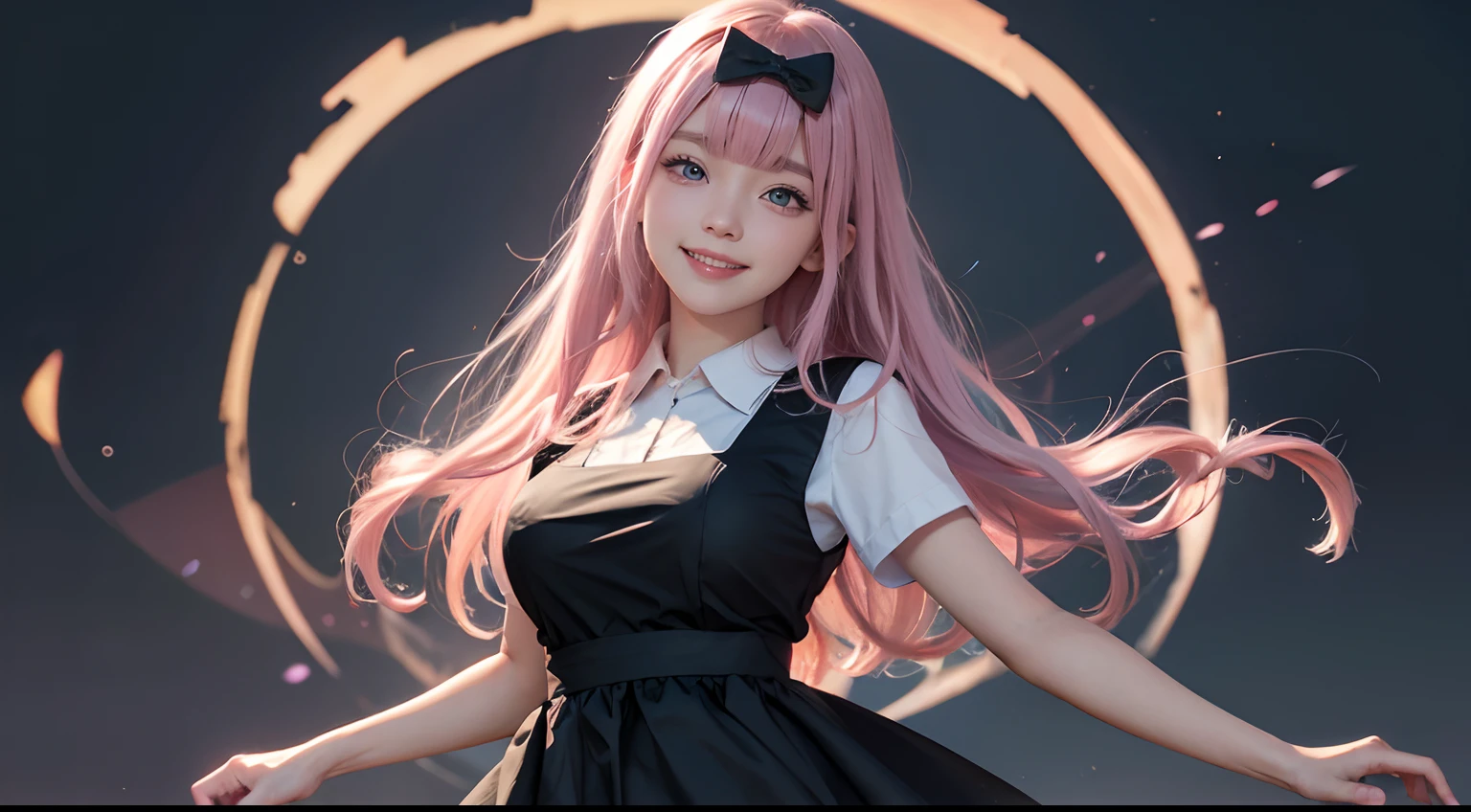 chika fujiwara, black bow, blue eyes, blunt bangs, hair bow, long hair, pink hair, black dress, dress, pinafore dress, school uniform, shirt, short sleeves, shuuchiin academy school uniform, white shirt, smiling, large breast