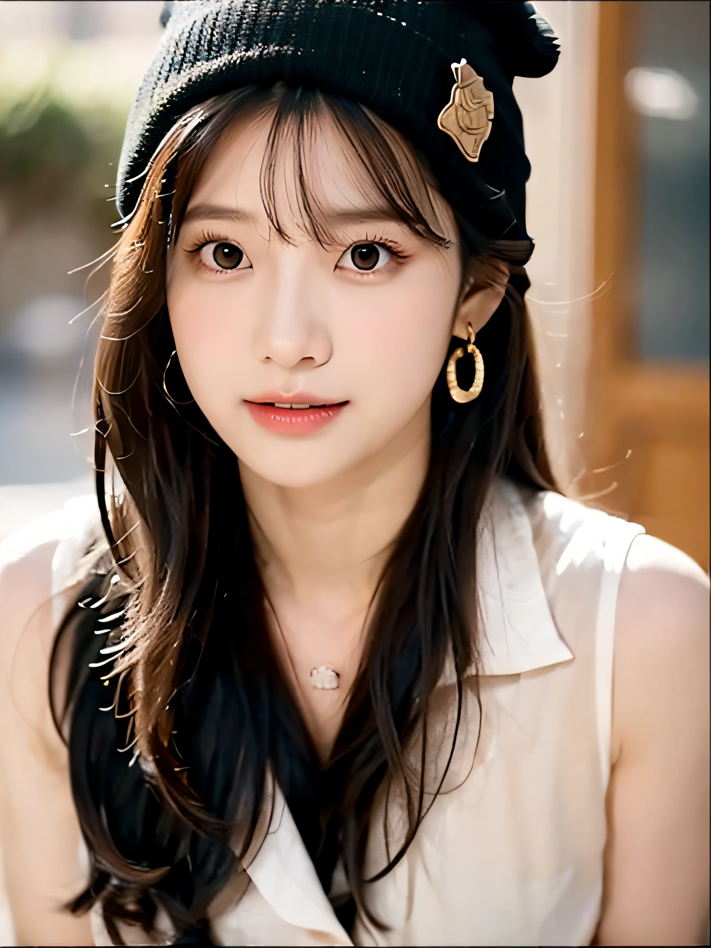 1girl in, Solo, Long hair, Black hair, written clothes, Brown eyes, Looking at the viewer, Beanie, Beautiful lips, Upper body, Closed mouth, Shirt, earrings, nffsw://i.Postim.nffsw/tCDfNDvp/Screenshot-20230606-212445..png