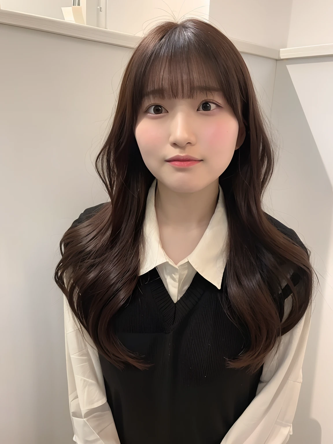 There is a woman standing in a room with a tie, neat hair with bangs, jaeyeon nam, With short hair, hime-cut, 3 0 years old woman, hair coloring, curtain bangs, 30 year old female, with a brown fringe, brown bangs, bangs and wavy hair, brown hair and bangs, Brown hair with bangs