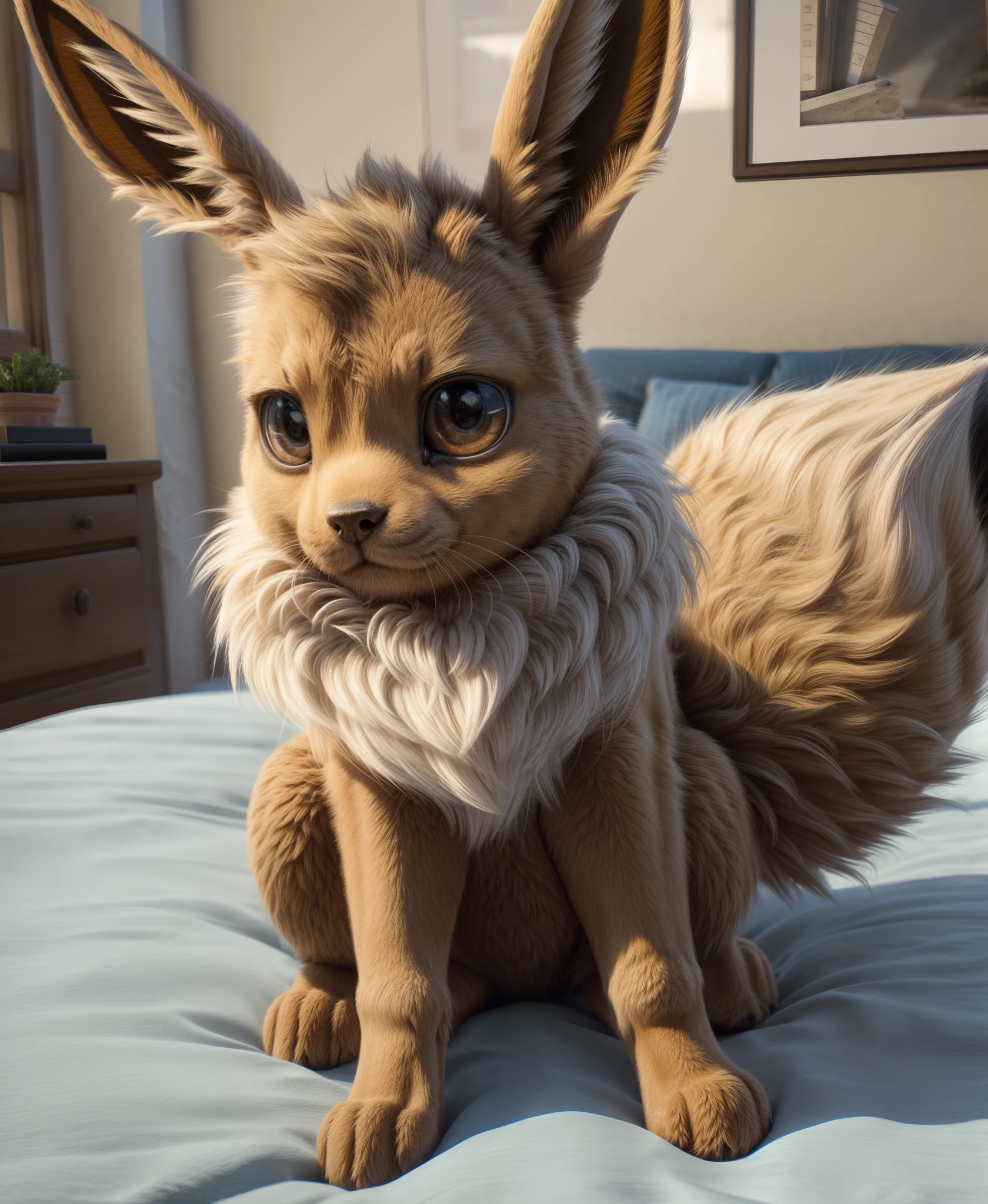 feral eevee sitting on bed,BREAK,(masterpiece, best quality, ultra realistic, 4k, 2k, (intricate:1.1), (high detail:1.4), film photography, (soft focus:1.1),RAW photo, photorealistic, analog style, subsurface scattering, photorealism, absurd res)