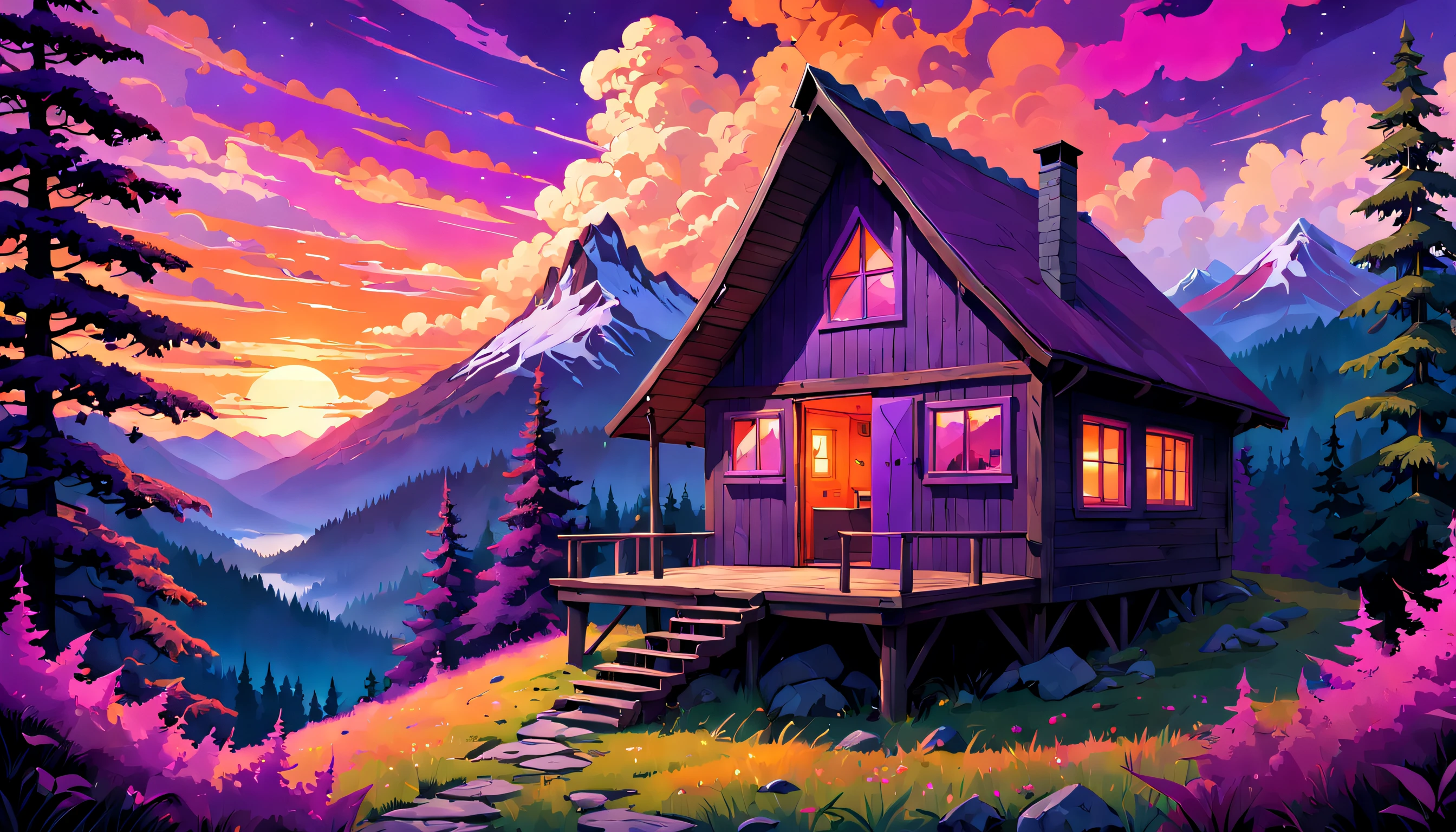 Mysterious mountain cabin nestled amongst dense, psychedelic forests, with a breathtaking sunset sky casting vibrant, warm hues of purple, pink and orange, creating an atmosphere of curiosity and intrigue.