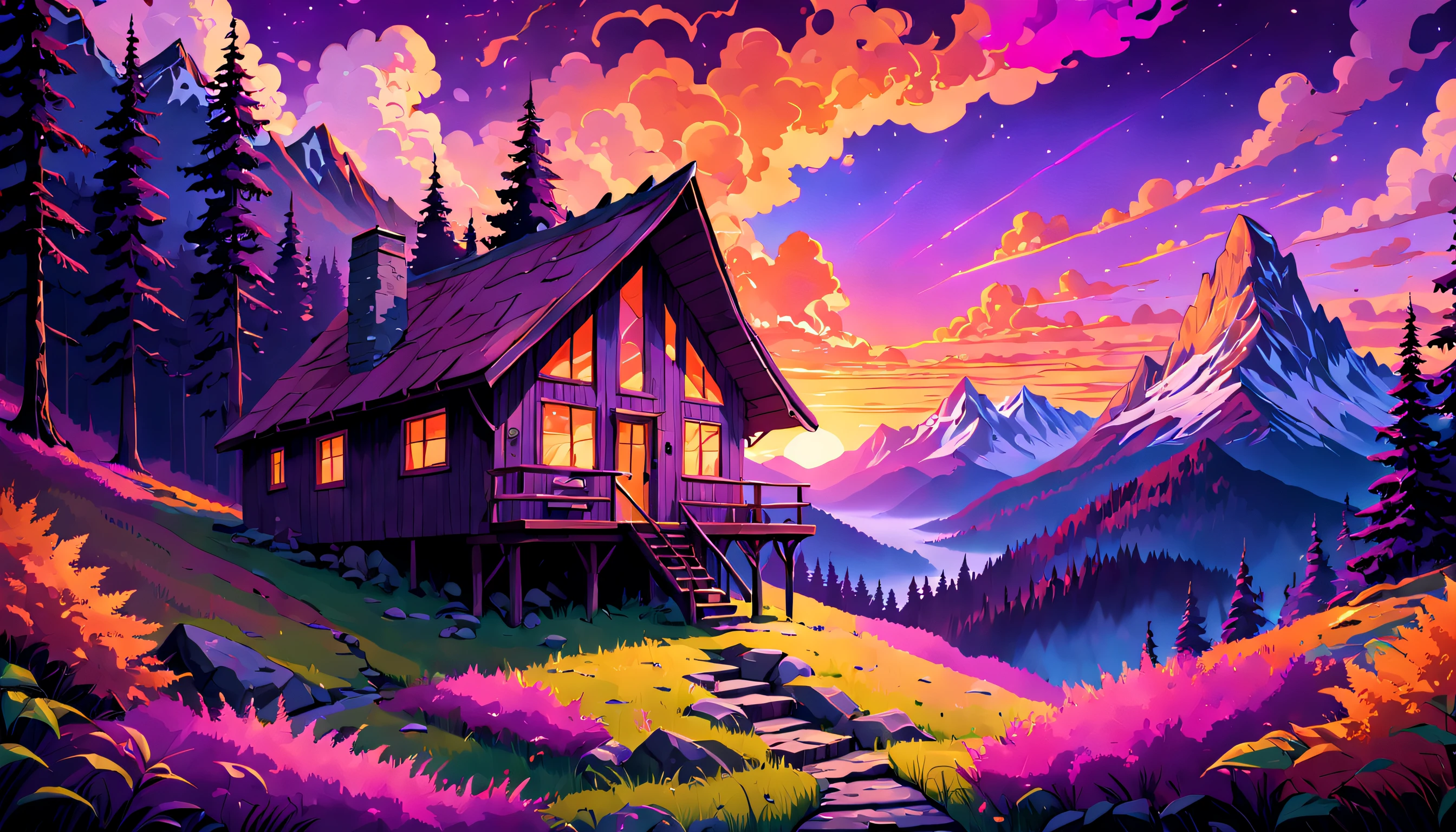 Mysterious mountain cabin nestled amongst dense, psychedelic forests, with a breathtaking sunset sky casting vibrant, warm hues of purple, pink and orange, creating an atmosphere of curiosity and intrigue.