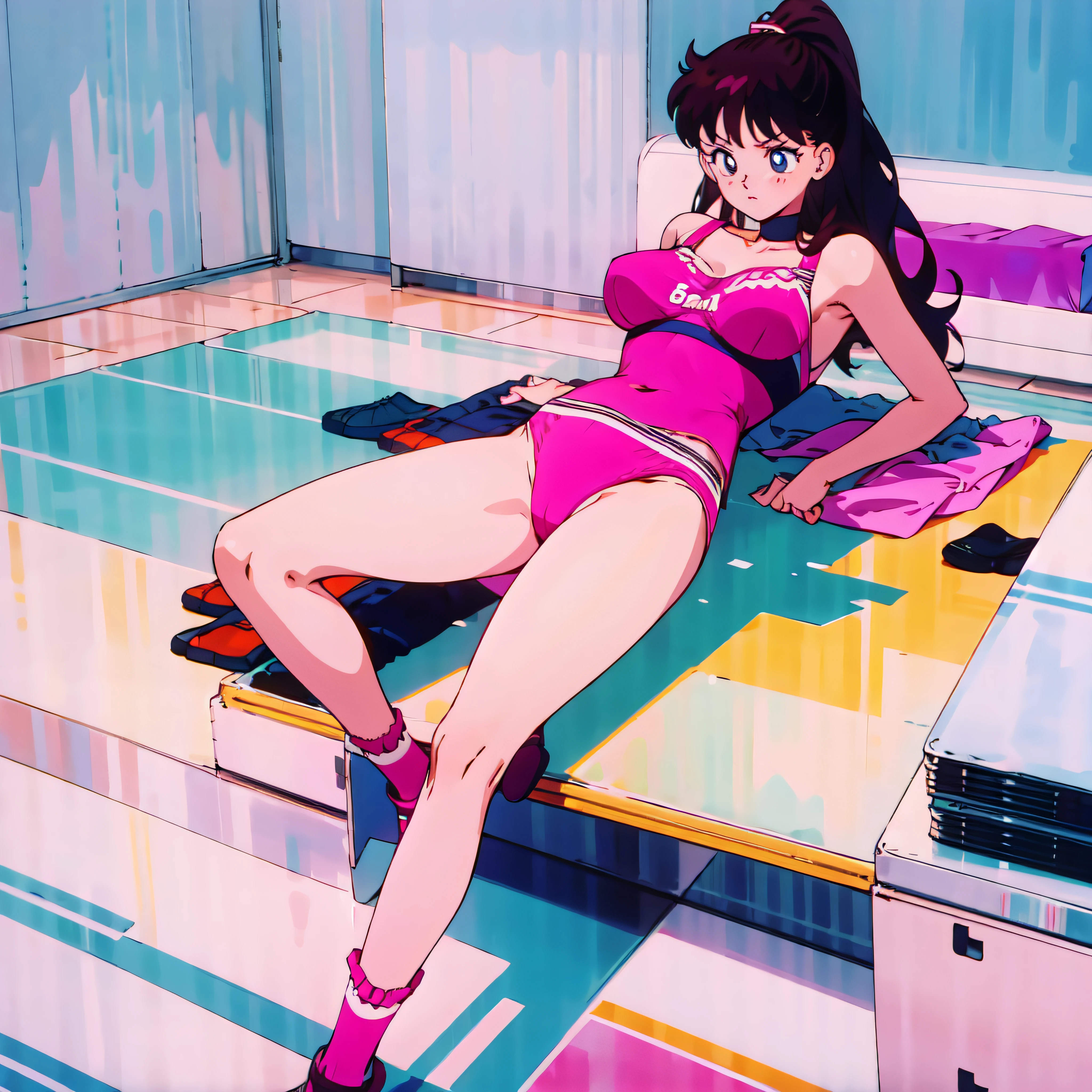 giant shoes on a bedroom floor, giant bra on a bedroom floor, giant panties on a bedroom floor, giant socks on a bedroom floor