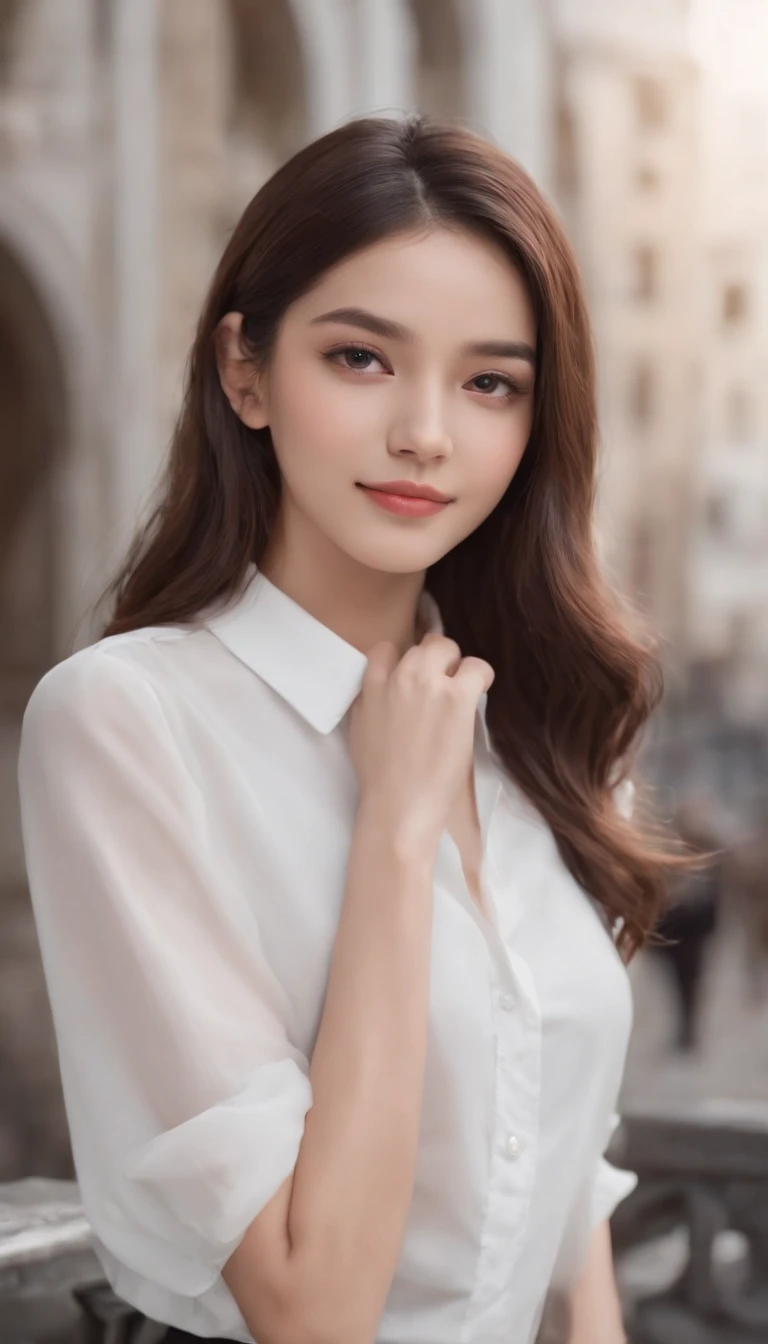 best qualtiy,tmasterpiece,超A high resolution,(Photorealsitic),(realisticlying:1.4),RAW photogr,1girll,(Full body photo,full body close-up,standing on your feet),good looking face,slim,Dignified,Small fresh,(White collar blouse,Black short skirt, Professional Dresses),ssmile,cabelos preto e longos,Beautiful Hair Accessories,Beautiful teenage girl,Detailed scene, beautiful digital illustrations, detaileds,ultra-detailliert, cinematic quality, Correct hand,anatomy correct, ((From below))