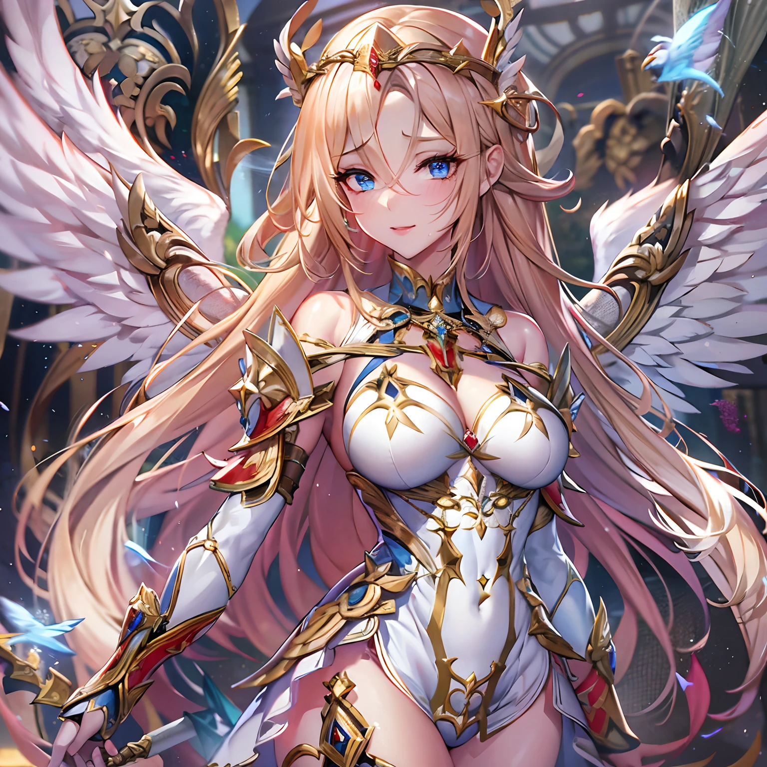 Quality over 8K, a female angel,Sexy,Long Blonde Hair,Anime,Goddess,Symmetrical blue eyes,Ultra detailed eyes,Transparent lingerie,forest,Sword,golden wings,Full body,hyperdetailed lips, hyperdetailed face, Double eyelids, Ultra Detailed feet,で,Beautiful legs,Tight boots,Full Leg Priestess、valkyrie、Angel wings、a navel、sideboob barbosa、with an intricate、Particles of light、thighs thighs thighs thighs、shinny skin、Perfect litthing、1girl in、looking at the viewers、Winged headgear、pelvis curtain、A smile、(​masterpiece)、(top-quality)、Very gigantic-breasts、maternal、Porcelain Skin、honey blonde hair、Very long hair、hair wavy(valkyrie,Paladin:0.6),Angel wings,with an intricate, Perfect Lighting,  Looking at Viewer,(masutepiece), (Best Quality)(valkyrie,Paladin:0.6),Angel wings,with an intricate, Perfect Lighting,  Looking at Viewer,(masutepiece), (Best Quality)(ValkyrieArmor:0.5),(Winged headgear:1.1),School Girl,,with an intricate, Perfect Lighting, 1girl in, Ponytail, Looking at Viewer, Smile, snulight,creek,blazing(masutepiece), (Best Quality),thighs thighs thighs thighs 、a beauty girl，red color mecha，As graceful as a swan，Enchanting，Long grey hair，Red body，Fluorescence line，White hands，lab room，FutureTech，Red indicator light on the body，Full body photo，standing on your feet，dreamy scene，，dyna，super detailing，Cell shade，8K detail post-processing，magnifica，hyperphotorealism，8K，epic composition，intricate-detail，unrealengine，Flying，Laser Cannon，Holy Angel Mecha，Mechanical exoskeleton，whaite hair，golden pupils，flower  sea，Eventide，Angel Maiden，Angel wings，White long skirt，war，Top quality combat stance, 4K, masutepiece :1.3), short petite pretty woman, Blue-haired、Curly hair、length hair、Colossal 、 Ultra-detailed face、maid clothes、Detailed eyes, sluttish, Pose ,  Smooth skin, (huge-breasted), Round breasts、red blush。kawaii、Shy、1 crying face、nightcity、Sateen、Kimono without sleeves、A dark-haired、Holding a weapon with blood on it、Looking at the camera、Cherry blossoms are d