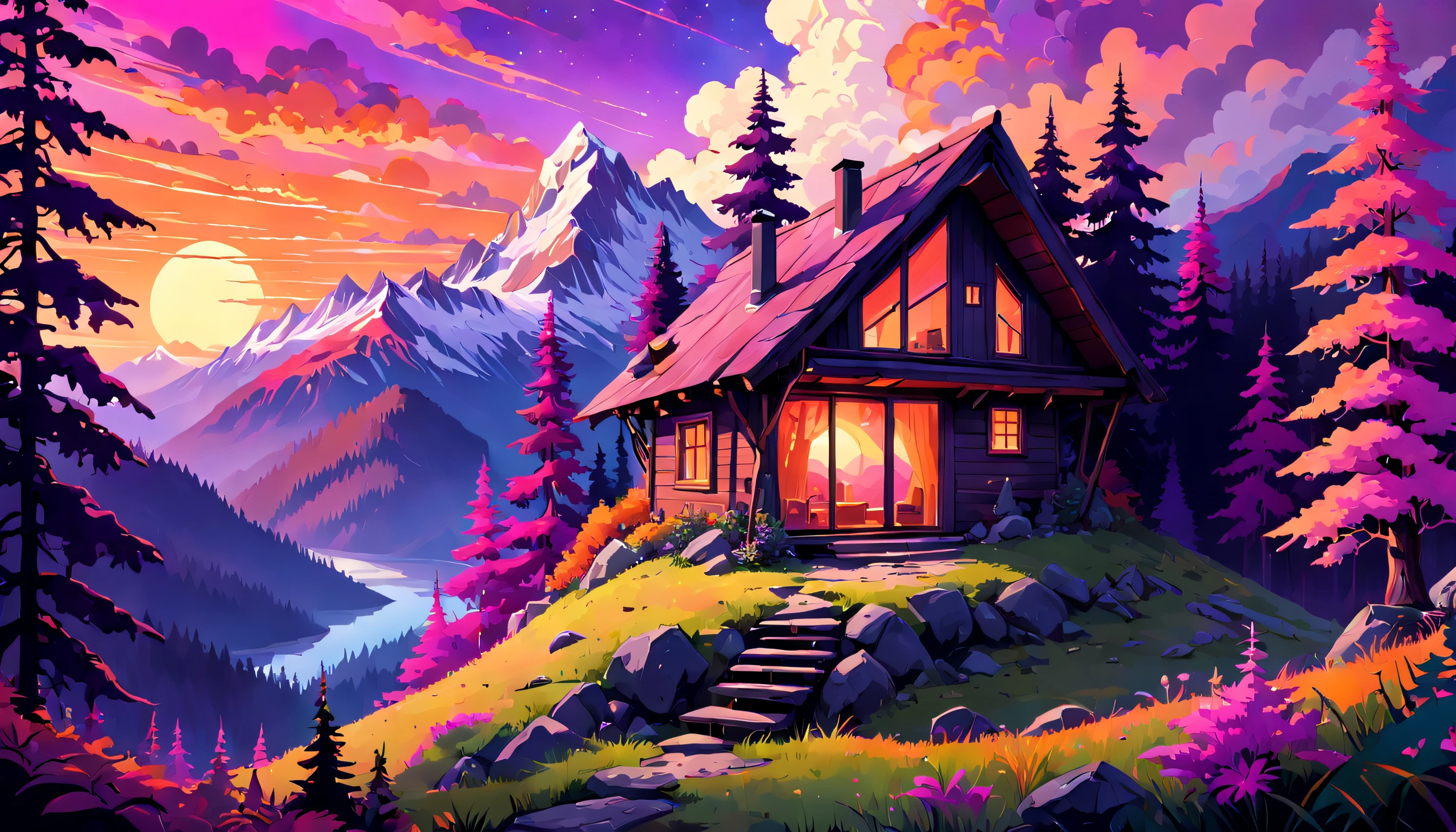 Mysterious mountain cabin nestled amongst dense, psychedelic forests, with a breathtaking sunset sky casting vibrant, warm hues of purple, pink and orange, creating an atmosphere of curiosity and intrigue.