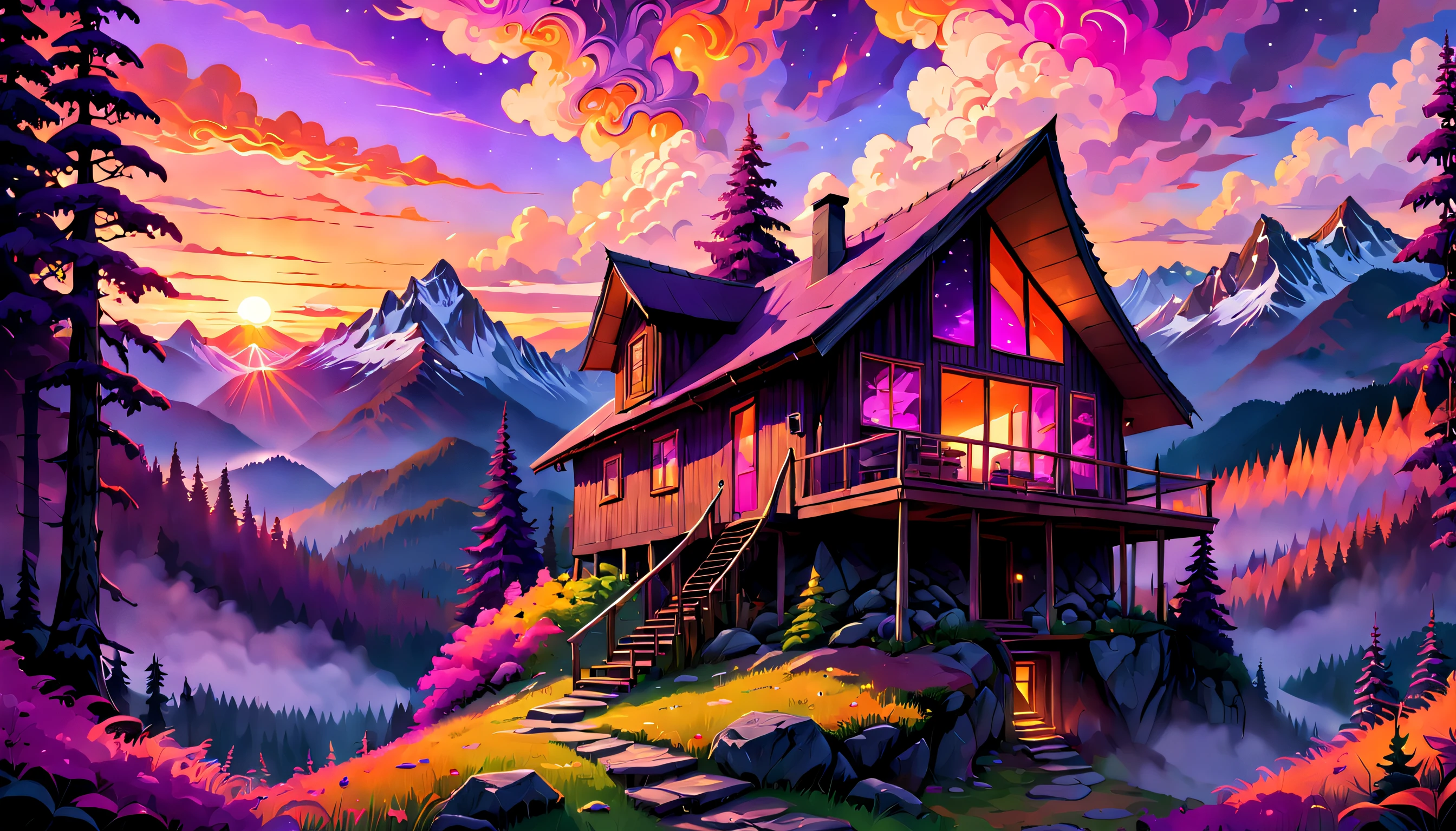 Mysterious mountain cabin nestled amongst dense, psychedelic forests, with a breathtaking sunset sky casting vibrant, warm hues of purple, pink and orange, creating an atmosphere of curiosity and intrigue.