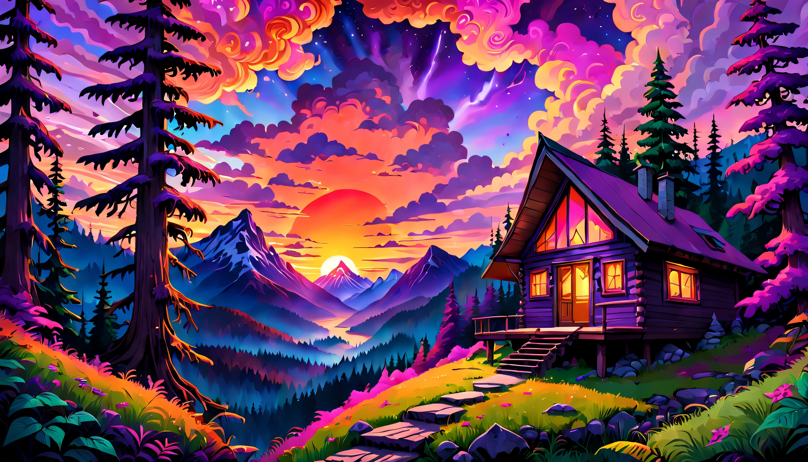 Mysterious mountain cabin nestled amongst dense, psychedelic forests, with a breathtaking sunset sky casting vibrant, warm hues of purple, pink and orange, creating an atmosphere of curiosity and intrigue.