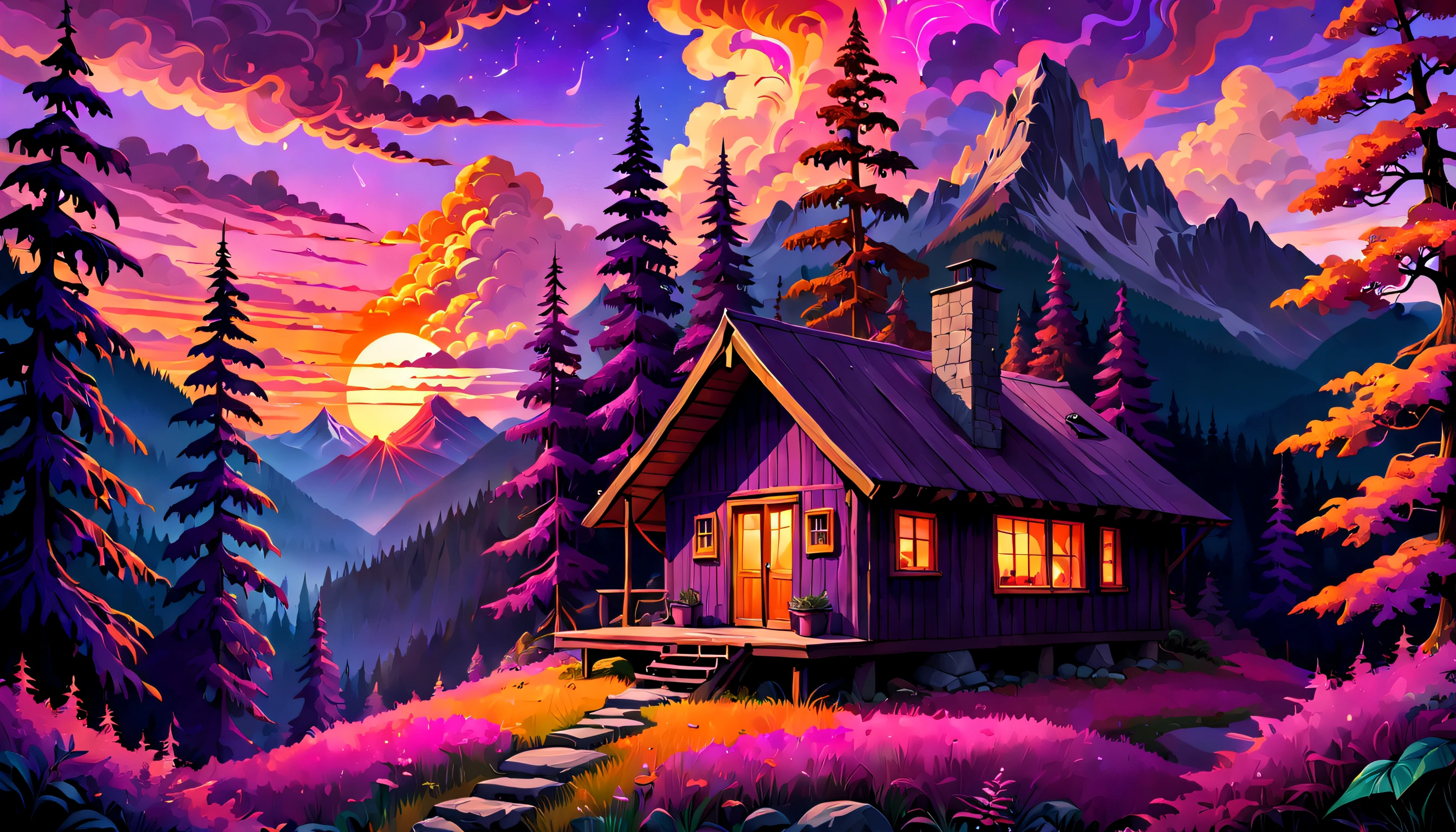 Mysterious mountain cabin nestled amongst dense, psychedelic forests, with a breathtaking sunset sky casting vibrant, warm hues of purple, pink and orange, creating an atmosphere of curiosity and intrigue.