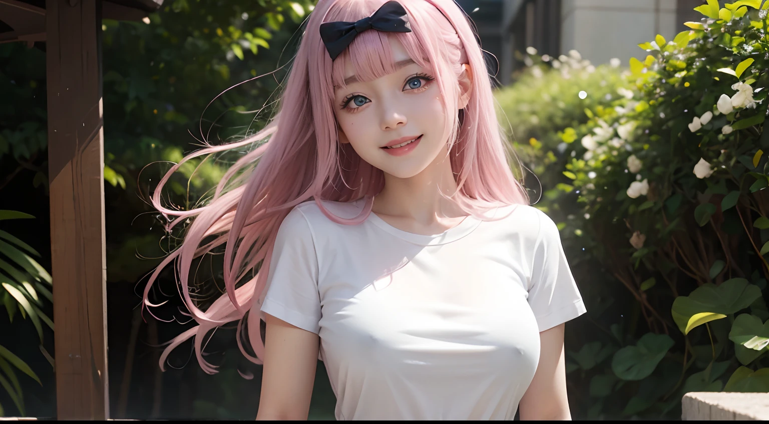 chika fujiwara, black bow, blue eyes, blunt bangs, hair bow, long hair, pink hair, shirt, short sleeves, white shirt, smiling, large breast, upper body, nipples, see-through shirt