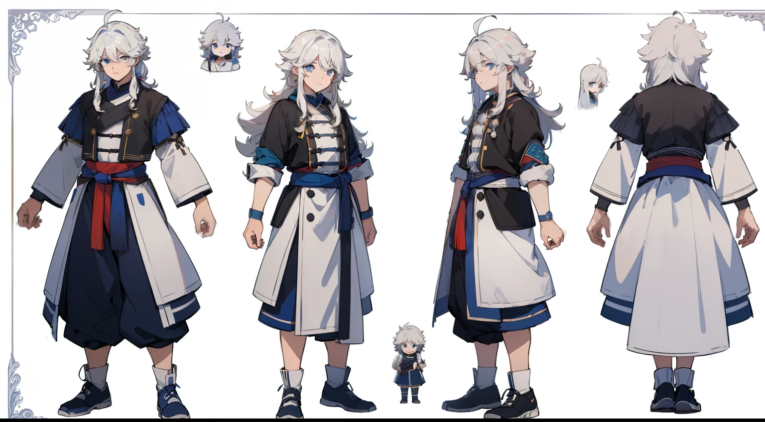 ((Masterpiece, Highest quality)), Detailed face, character sheets, full bodyesbian, 1boys,shoun,children's,Babe, Blue eyes, White hair, Long hair, Messy hair, Soft and fluffy hair, hair between eye,Tibetan costumes,Full of details, Multiple poses and expressions, Highly detailed, Depth, Many parts