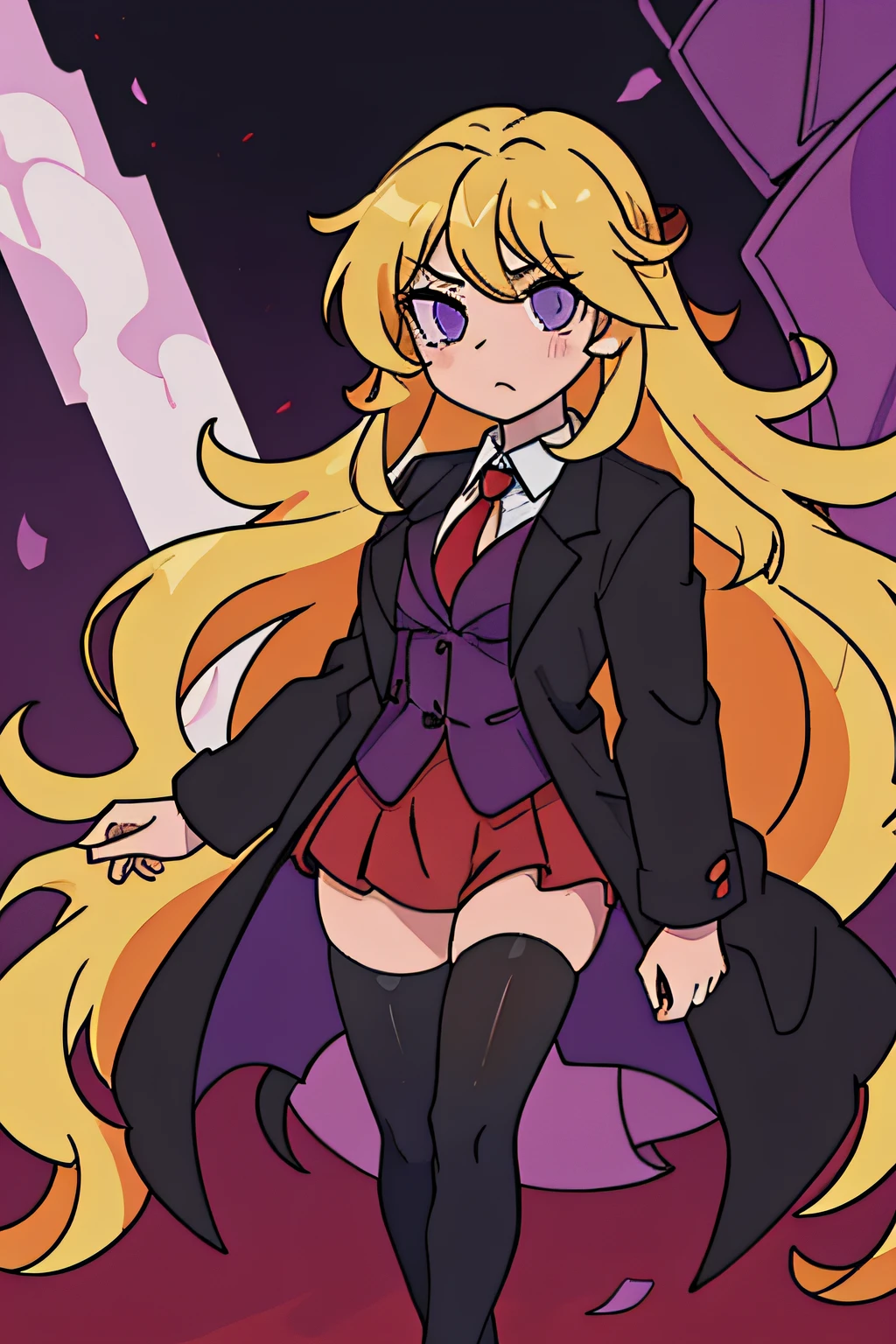 Full body art of an anime girl with long curly blonde hair and purple eyes. She is wearing an oversized black blazer over atight-fitting dress shirt with a red tie, sporting short black shorts and tights. She has a medium to big-sized bust. Expressing a blank, serious countenance. The art should exude beauty, appeal, and suggestiveness. While she appears to be an intelligent, serious and superior person.
