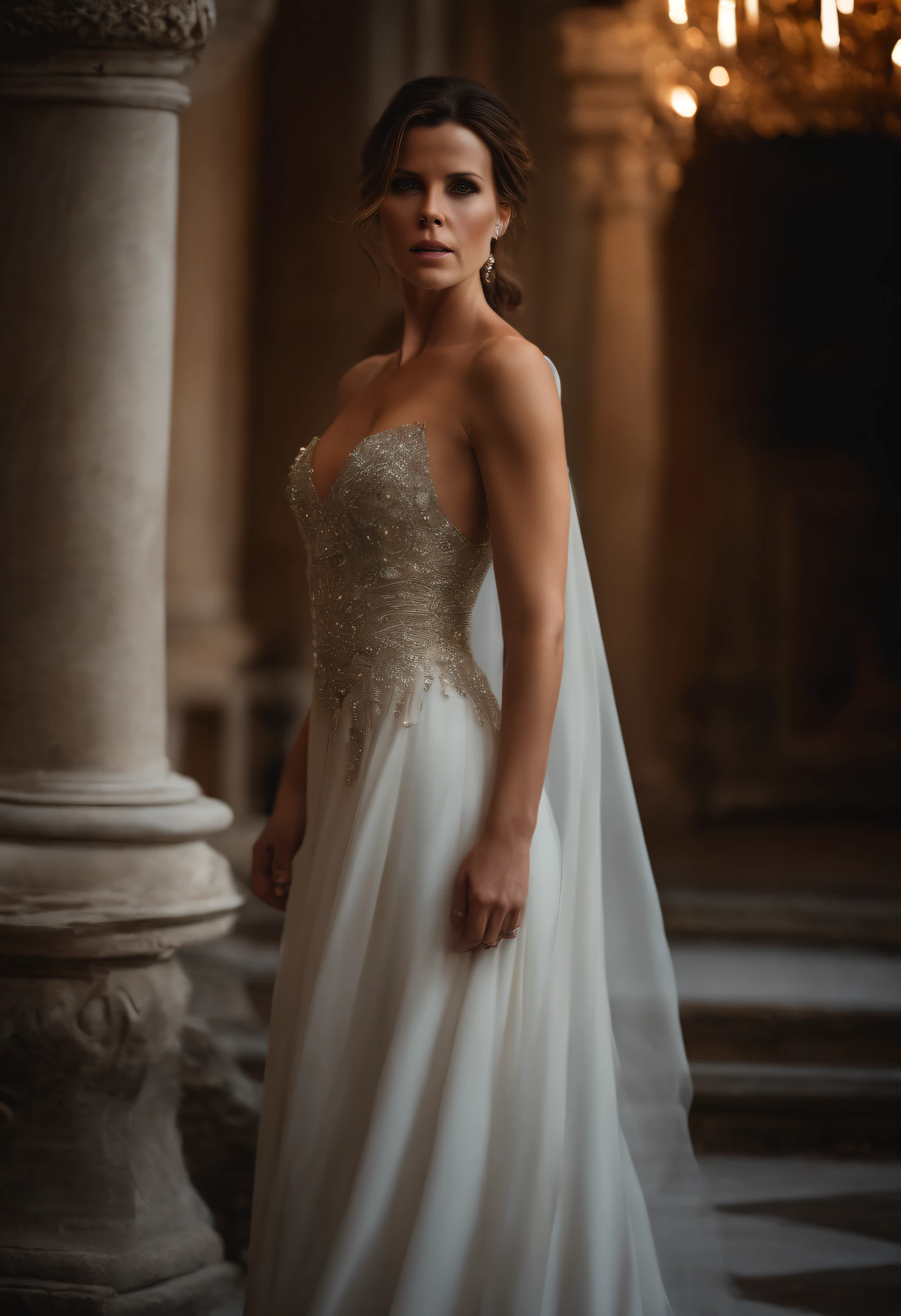 Kate Beckinsale como la Diosa griega Hestia, Diosa romana Vesta, Fondo del templo griego, Incluye antorchas de fuego, Incluir fuego, Vestido transparente, Cuerpo rico en detalles