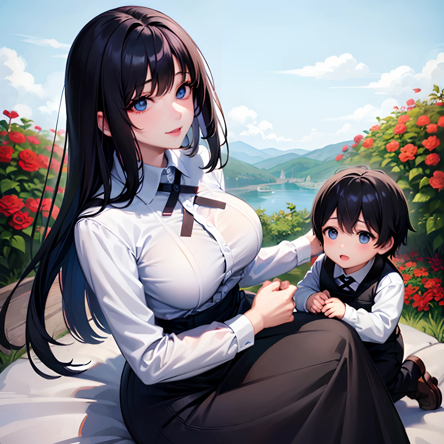 1  and 1 woman,full sleeve white shirt,red full skirt, long black hair, adult lady, mother, garden background, beautiful smile,flower garden, looking at viewers, sky blue realistic eyes, bright blue ultra realistic and expressive eyes, realistic sky blue eyes, sitting,her son standing beside her,2 feet height kid and 3 years old lue round shaped realistic eyes, black hair , little boy holding her mother, innocent cute little boy