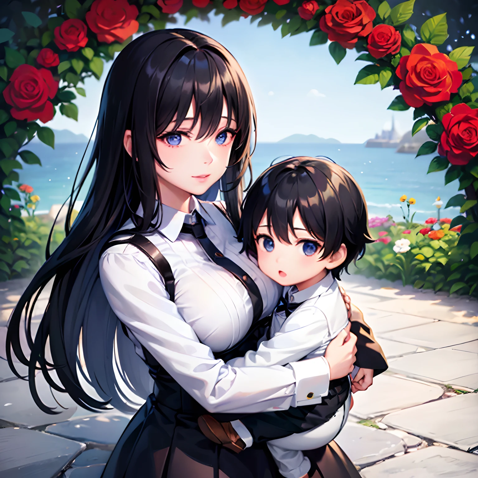 1 little boy and 1 woman,full sleeve white shirt,red full skirt, long black hair, adult lady, mother, garden background, beautiful smile,flower garden, looking at viewers, sky blue realistic eyes, bright blue ultra realistic and expressive eyes, realistic sky blue eyes, sitting,her son standing beside her,2 feet height kid and 3 years old kid,sky blue round shaped realistic eyes, black hair , little boy holding her mother, innocent cute little boy