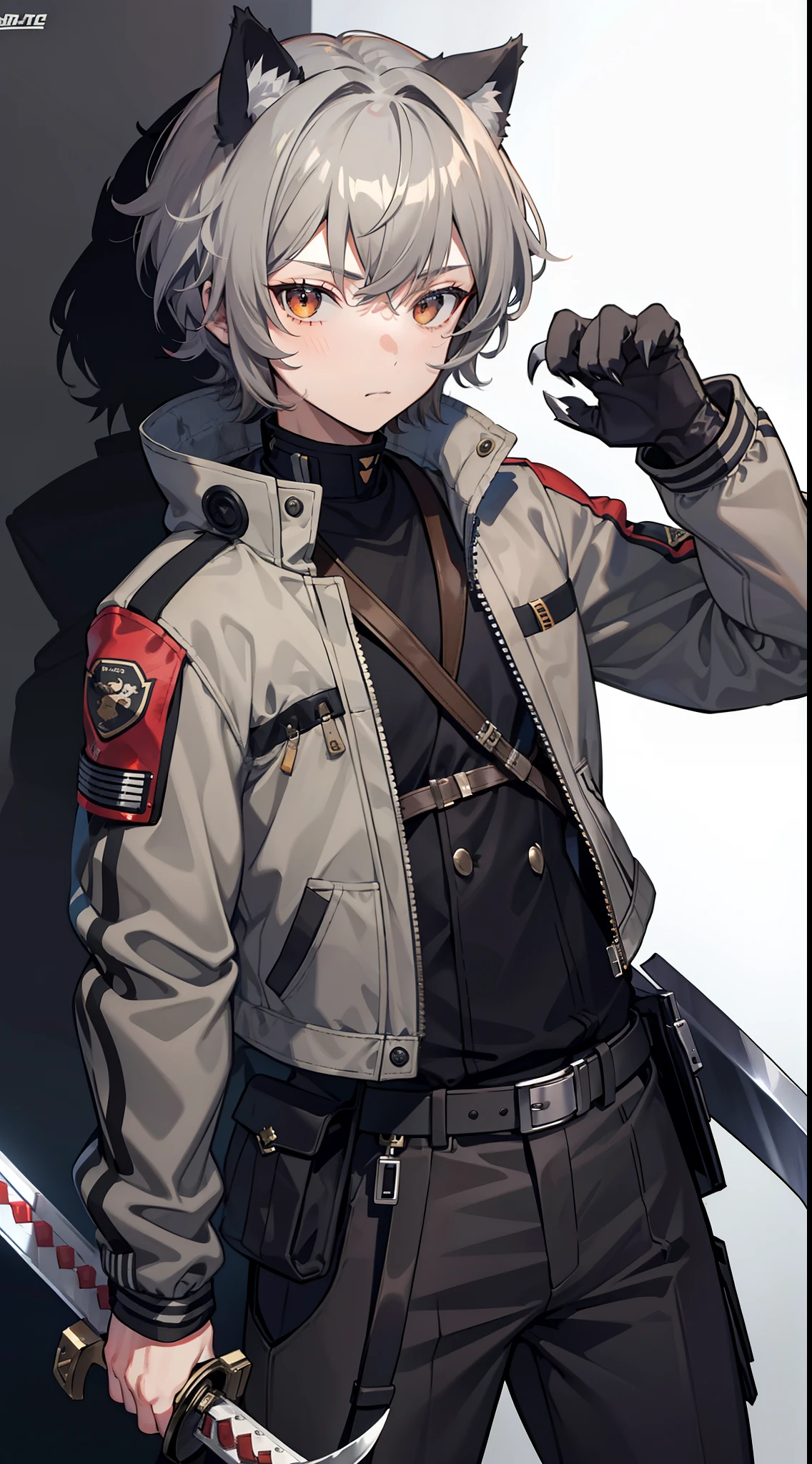 Young guy, gray curly hair, Bob hairstyle, brown eye, cat ears, Grey Combat Jacket, breeches, claws, fiery sword, Masterpiece, hiquality, 4k, HD, Good detail