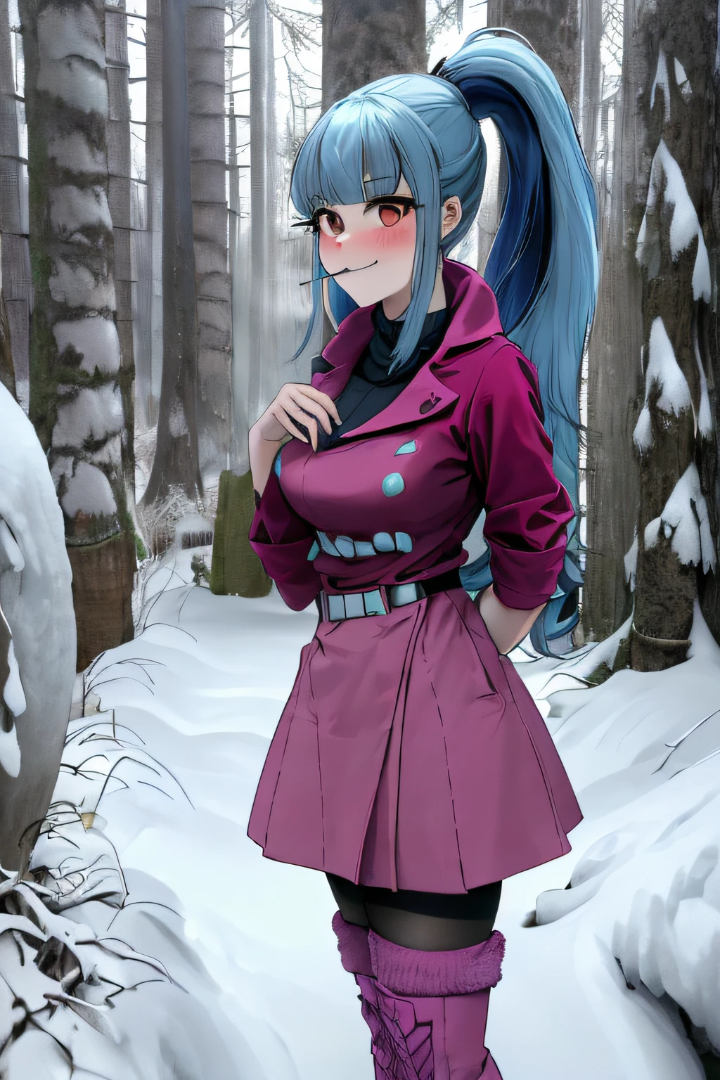 mlpsonata, spikes, happy, (ice, belt, middle breast, blue hair, ponytail, winter, forest, snow, snowy, cloudy, very long trench coat, winter skirt, pantyhose, thighhigh boots, forest, muffler, Winter Neck Polar Knit:1.4), Smile, blush, thin body, Thin leg, (Best Quality,4k,8K,high resolucion,Masterpiece:1.2),Ultra-detailed,realisitic:1.37,Vivid colors,studio lit, huge hair, abundant hair, tilt head, disheveled hair, messy hair