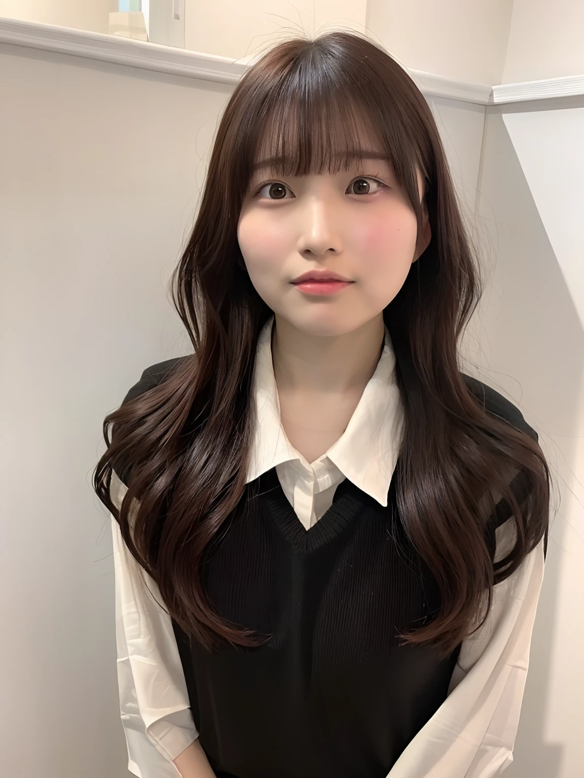 A woman wearing a tie is standing in the room, neat hair with bangs, jaeyeon nam, With short hair, hime-cut, 3 0 years old woman, hair coloring, curtain bangs, 30 year old female, with a brown fringe, brown bangs, bangs and wavy hair, brown hair and bangs, Brown hair with bangs