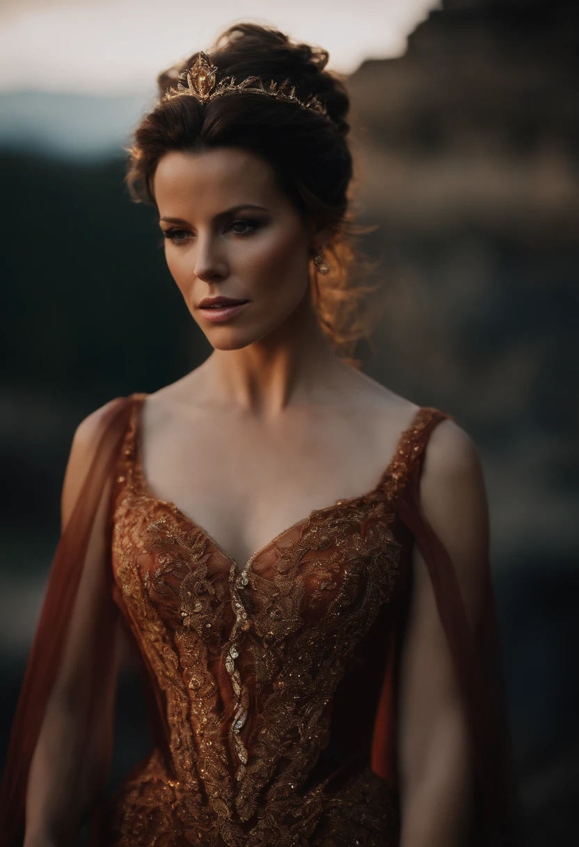 Kate Beckinsale como la Diosa griega Hestia, Diosa romana Vesta, Fondo del templo griego, Incluye antorchas de fuego, Incluir fuego, Vestido transparente, Cuerpo rico en detalles