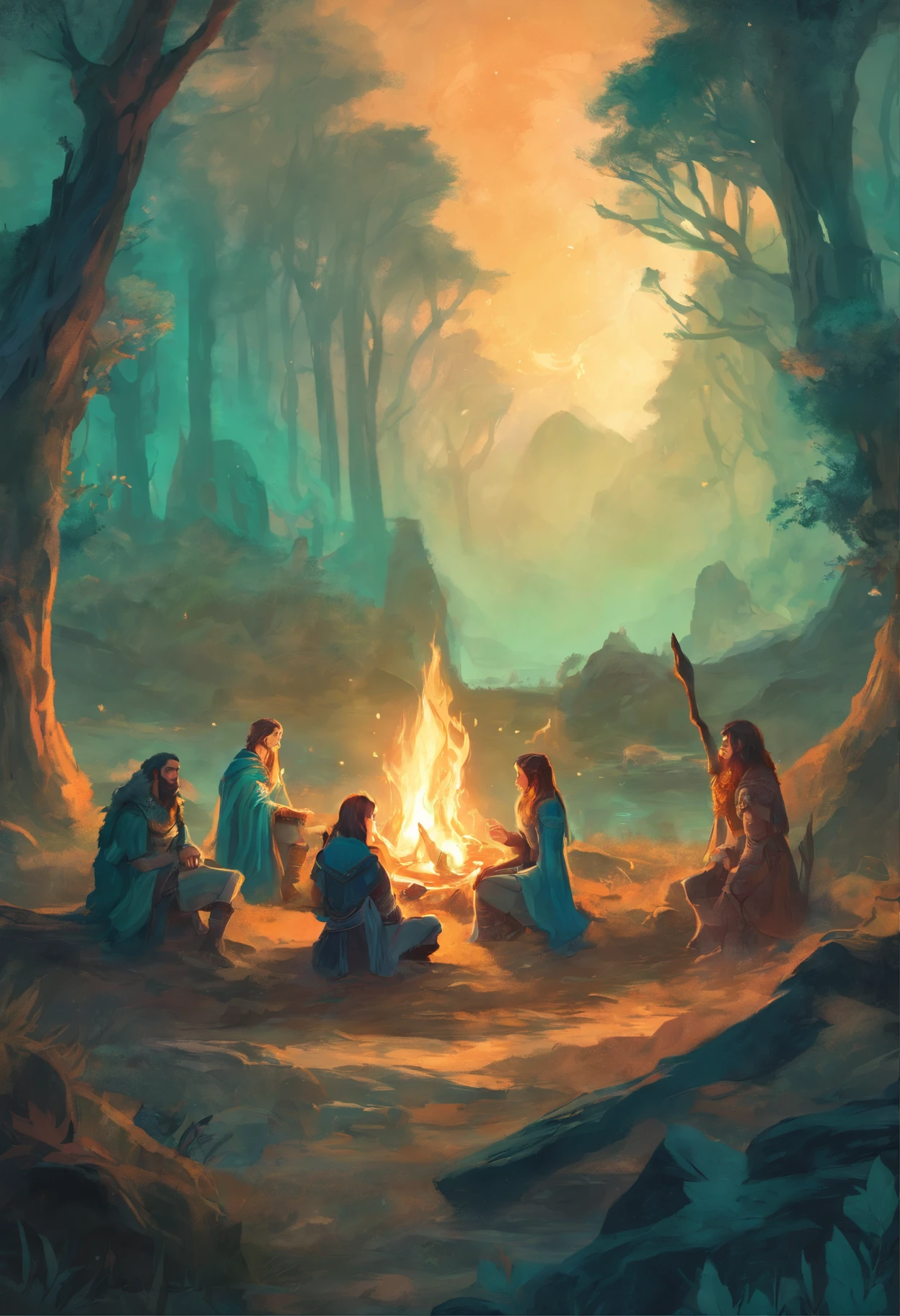 A group of adventurers resting in a clearing around a campfire teal hues magic
