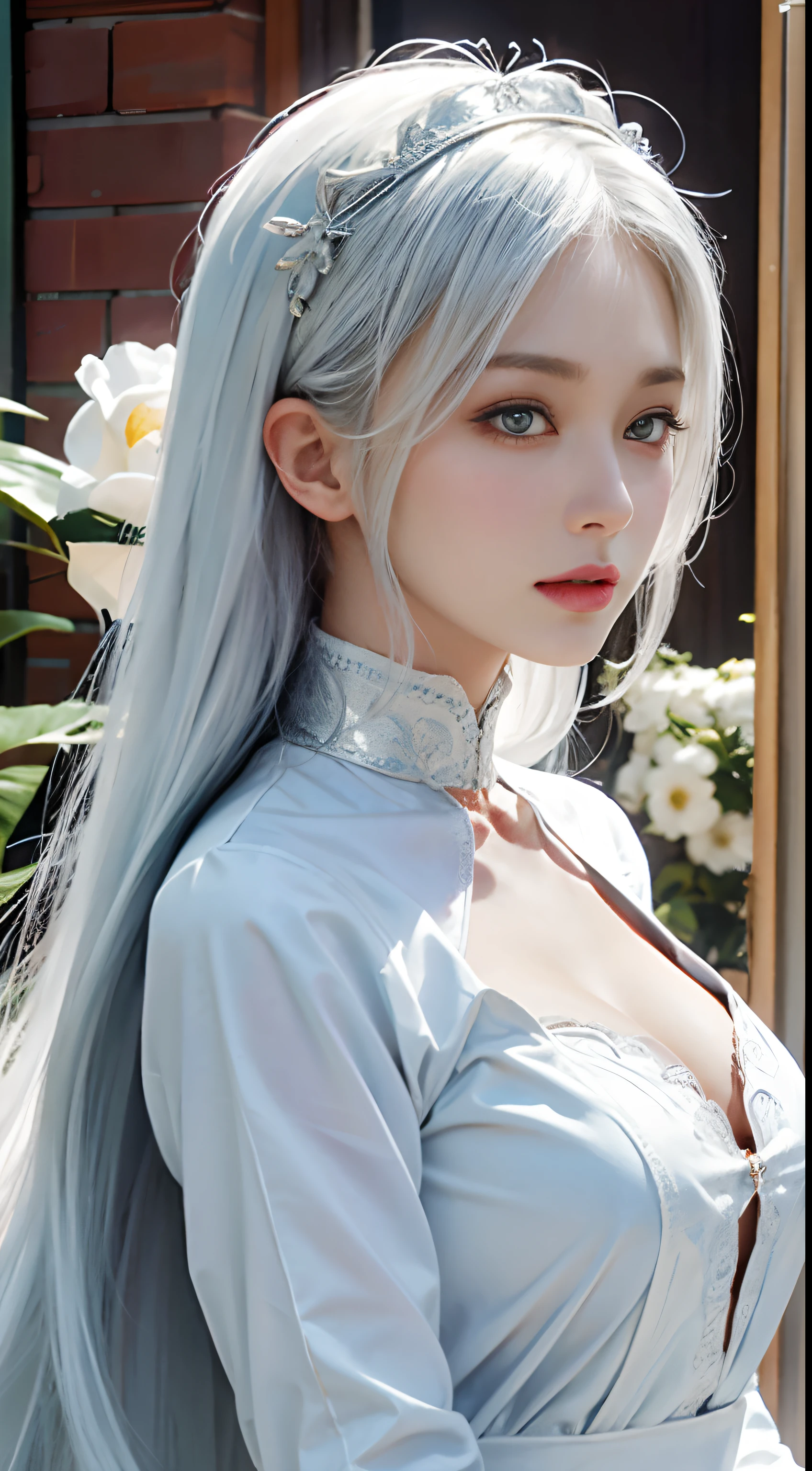 Transport yourself to a world where a woman with striking features and long, white hair is the center of attention. She stands confidently, her maid's outfit accentuating her curves, as she looks directly at the viewer with a captivating gaze. The level of detail in her face is astonishing, making it hard to believe she is not a real person.