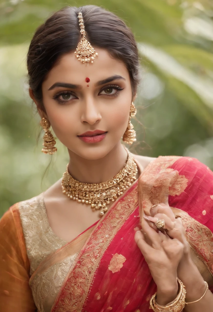 "(best quality,highres), Indian woman at temple, wearing sari, beautiful detailed eyes and lips, long eyelashes, realistic rendering, vibrant hues, high resolution, ultra-detailed, realistic rendering, high-resolution masterpiece, (woman's appearance is curved and attractive),