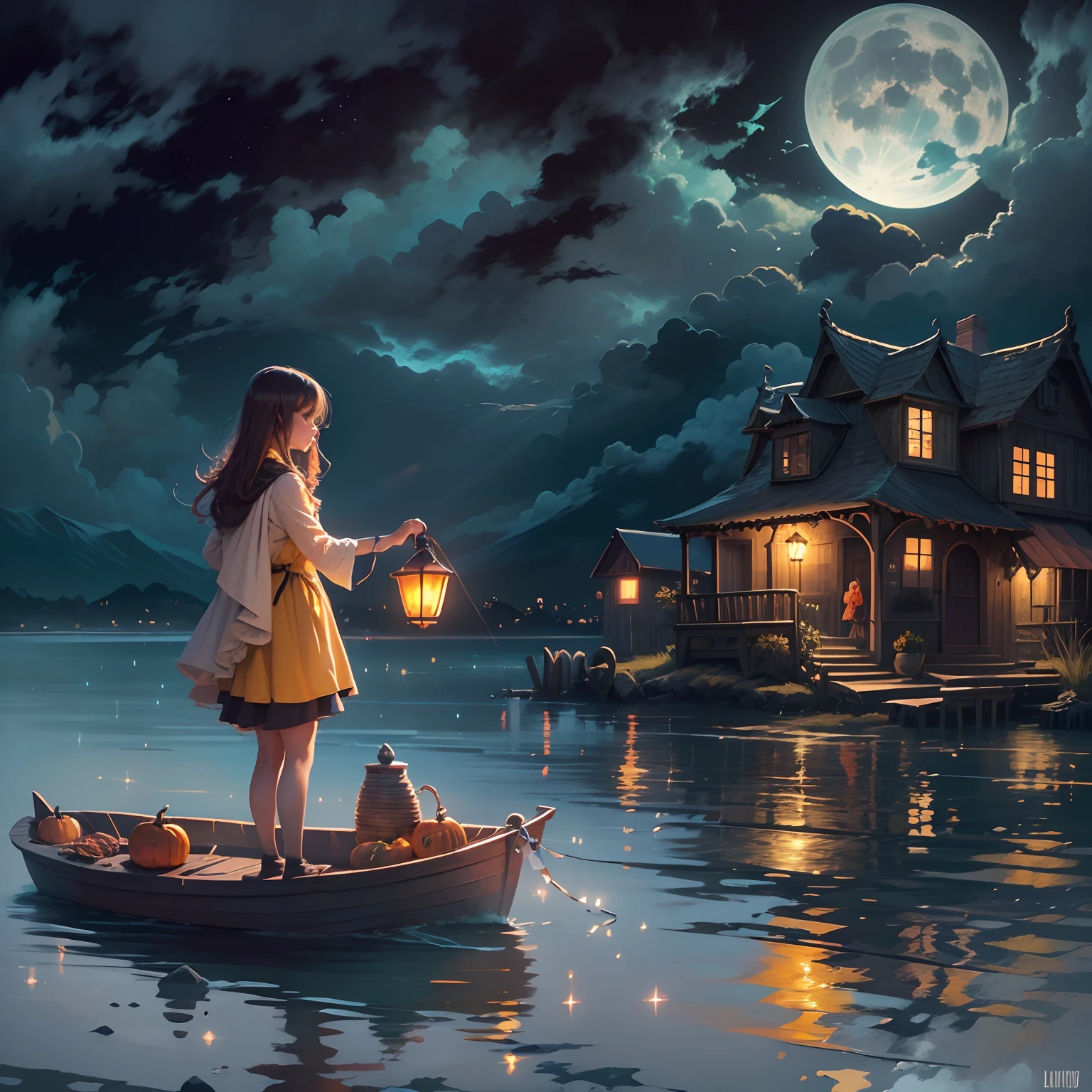 Floating lights of All Hallows' Eve, Cinematic light and reflection, Luces brillantes, Elementos intermedios del metaverso,With boat and Girl standing on Board with lantern in hand, Pintura digital, reflejos brillantes, Pensyo, Linterna flotante. Noche tranquila. Digital illustration,hermoso ambiente, Claraboya por la noche, Ambiente tranquilo por la noche, Linterna flotante, halloween, la noche, La Luna, La escena del juego, halloween, Rodeado de nubes, Otoko Hally, baldosas esmaltadas, Europa, Gorgeous colors. Hav tres arcos en primer plano((tinta de color)), ((salpicaduras de tinta )). ((salpicaduras de tinta) manchado de tinta))), tmasterpiece, alta quaridad, Beautiful graphics, Alto detalle