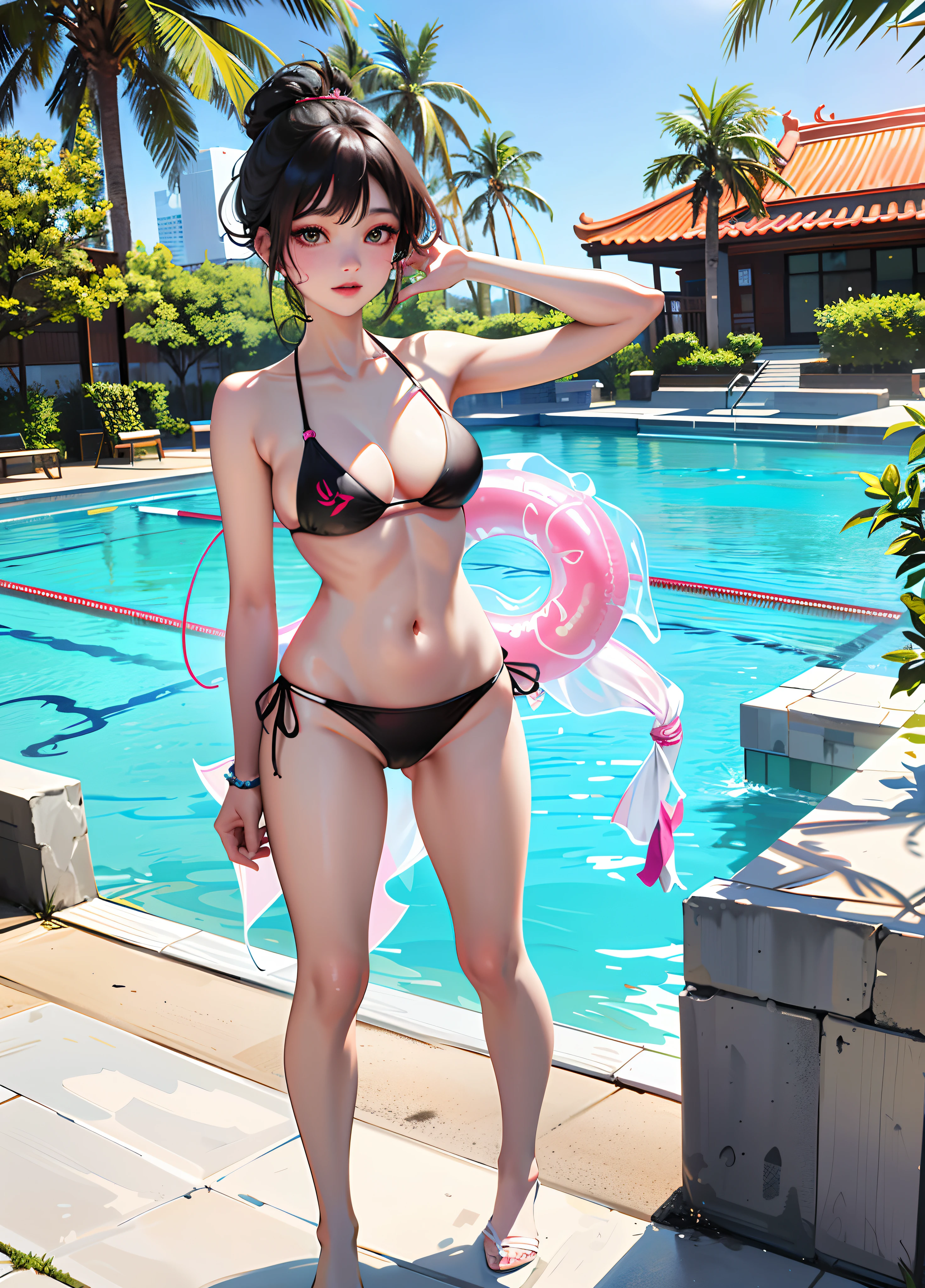 woman in a bikini posing in front of a swimming pool, wearing two - piece swimsuit, in bikini, hot with shining sun, sling bikini, attire: bikini, wearing pearl neon bikini, swimsuit, xintong chen, gorgeous lady, wenfei ye, elegant bikini, is wearing a swimsuit, cute bikini, sexy girl, taejune kim, bikini model, korean girl