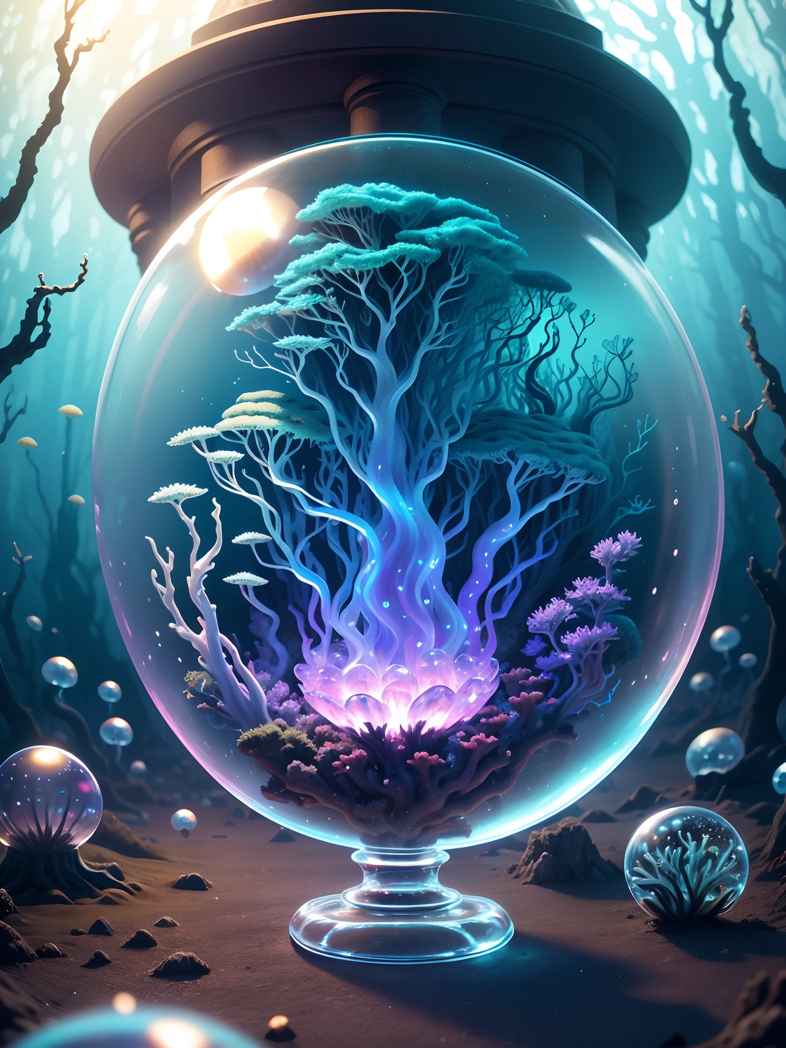 Ultra-realistic, 16K high resolution, (Max Sharp Focus: 1.3), (Max Close-up: 1.5), (Electric jellyfish trapped in a crystal ball with a pedestal on a table: 1.7), (Seaweed forest, ice, coral reef: 1.5),