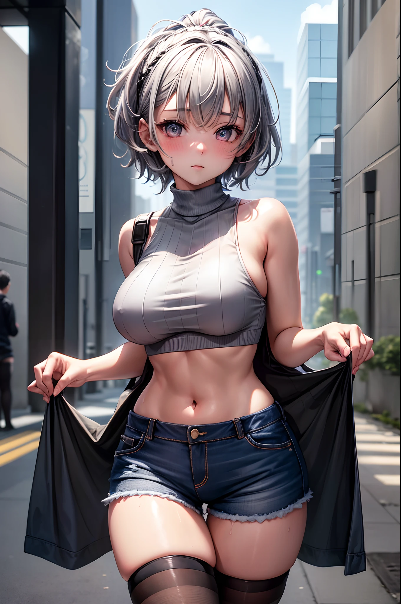 1girl, absurdres, high res, extremely detailed ultrasharp, 8K, masterpiece, looking at viewer, thighs, , underboob, grey hair, short hair, crop top, short shorts, thighhighs, blush, naval, sweaty, transparent