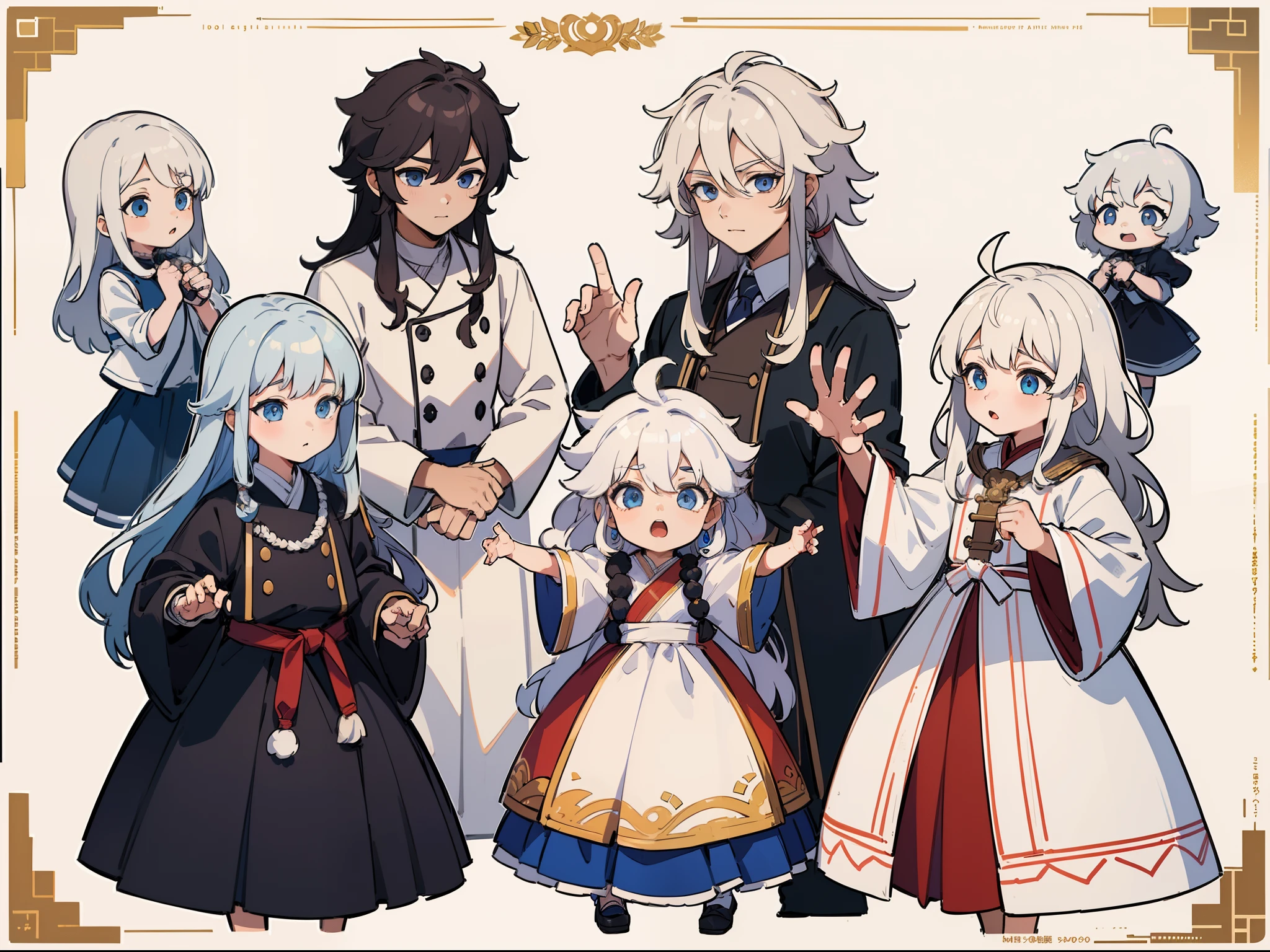 ((Masterpiece, Highest quality)), Detailed face, character sheets, full bodyesbian, 1boys,shoun,children's,Babe, Blue eyes, White hair, Long hair, Messy hair, Soft and fluffy hair, hair between eye,Tibetan costumes,Full of details, Multiple poses and expressions, Highly detailed, Depth, Many parts