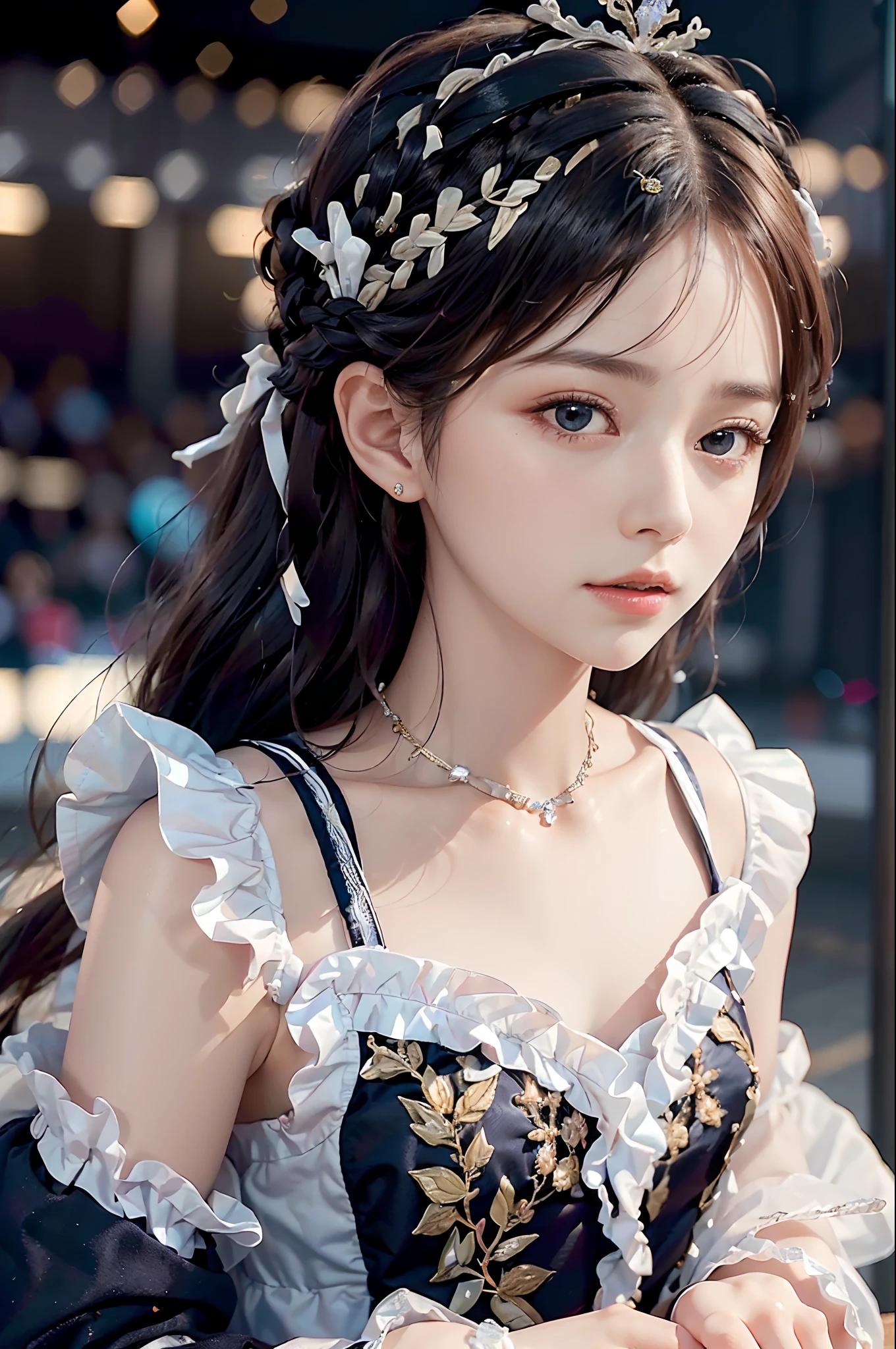 best quality, ultra hi res, photoreaslistic, a photography of a beautiful woman, 16yo teen age, detailed face, black Braided crown, (detailed porcelain doll,delicate clothes with a lot of frills and ribbons), Sports stadium, (face close up), seductive look, looking at viewer