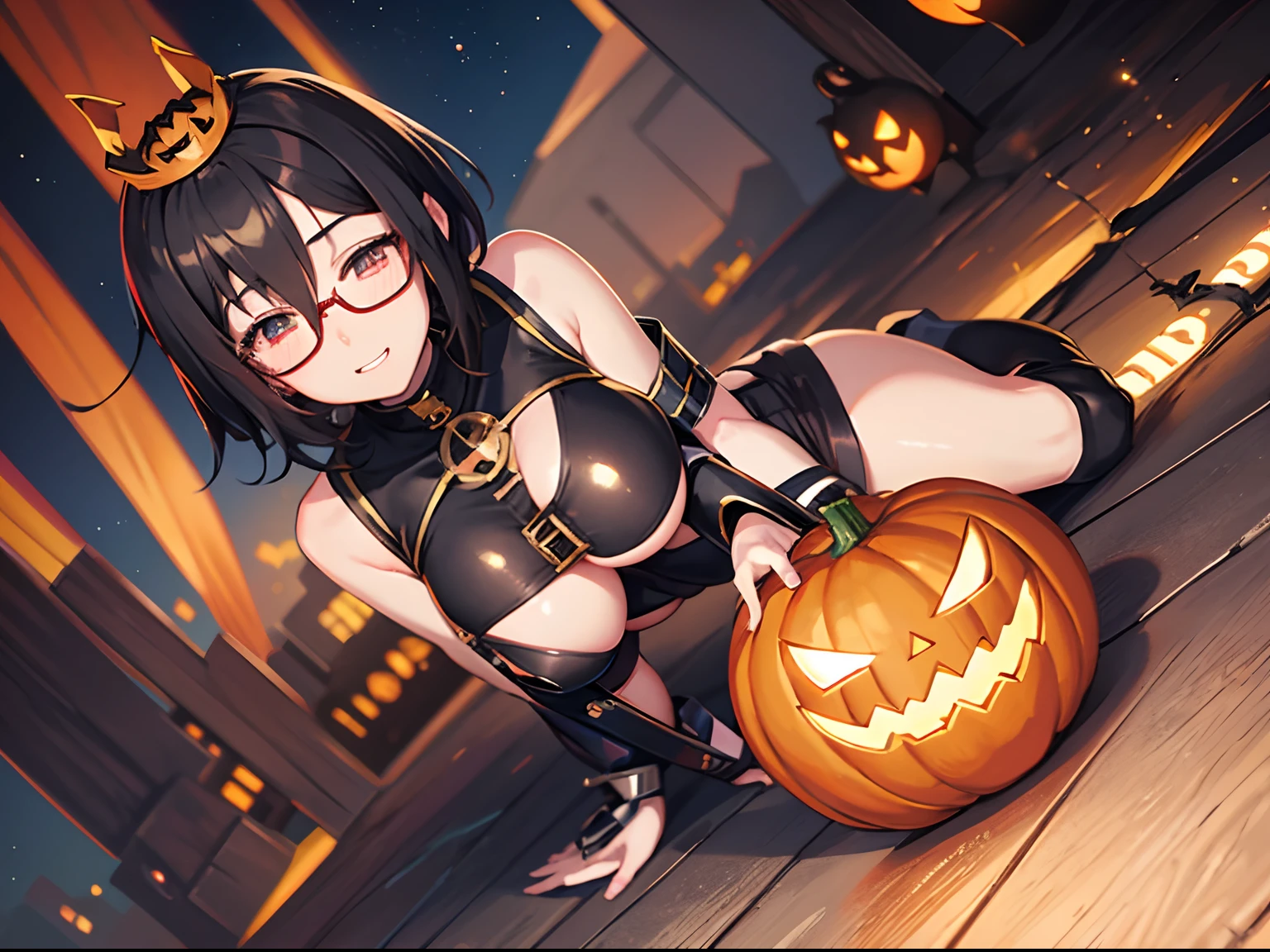 anime style23, night, a cute girl, 1girl, solo, beautiful black hair, beautiful red eyes, ((beautiful eyes)), white-skinned, short hair, large breast, glasses, ashamed, blush, ahegao,best quality, pumpkin, halloween, closed eyes,grin, mecha musume, full body, brond hair