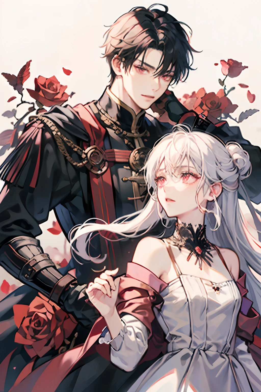 anime couple, , mature face, human,  (1 male: black hair and red eyes), (1 female: white hair and rose pink eyes, small breastantasy, medieval times