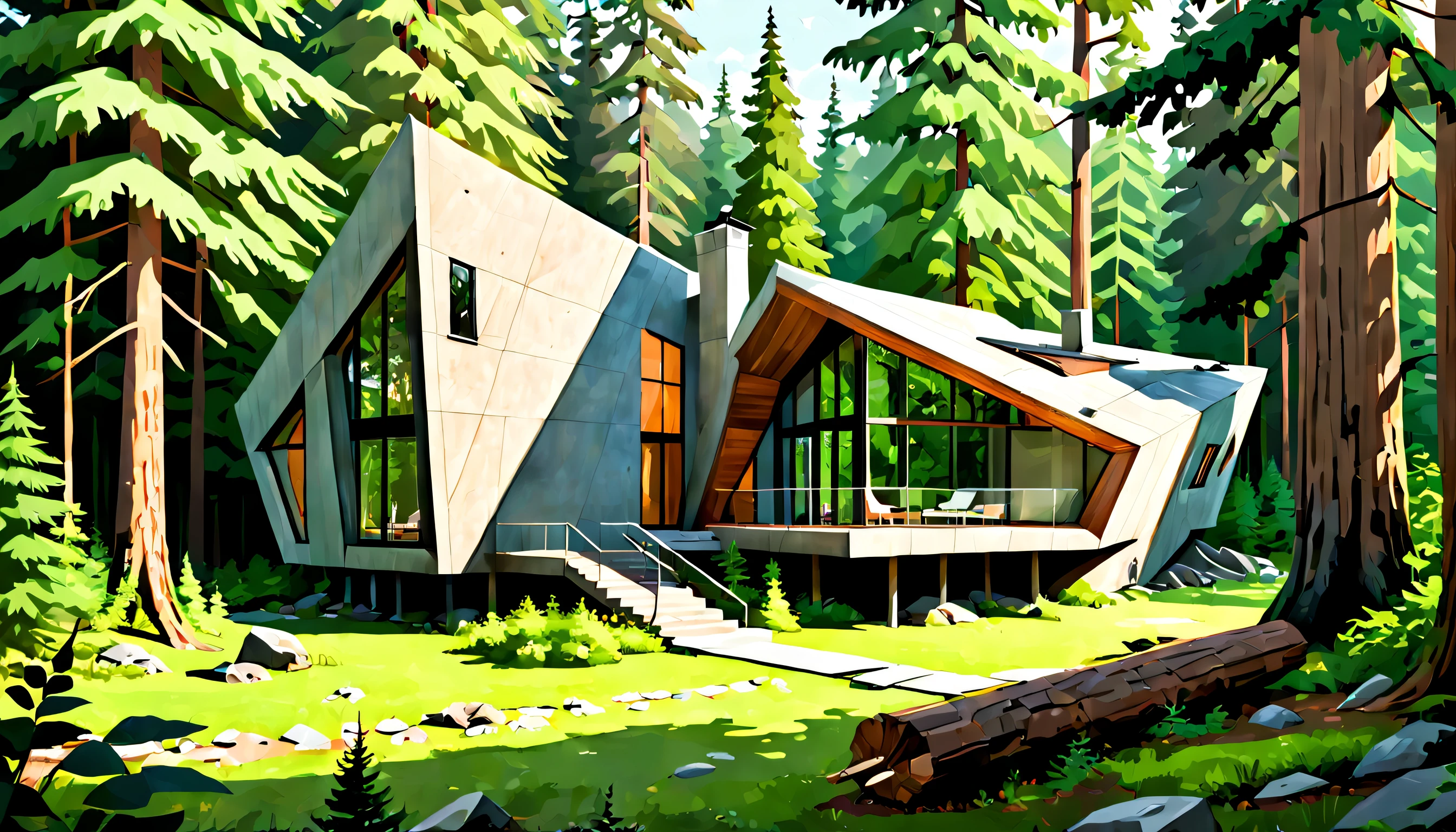 An unexpectedly modern and geometric cabin in the woods, appearing as an organic blend of nature and technology, with lush, vivid forest surroundings, capturing both the serene beauty of the environment and the daring angular architecture in an eye-catching harmony.