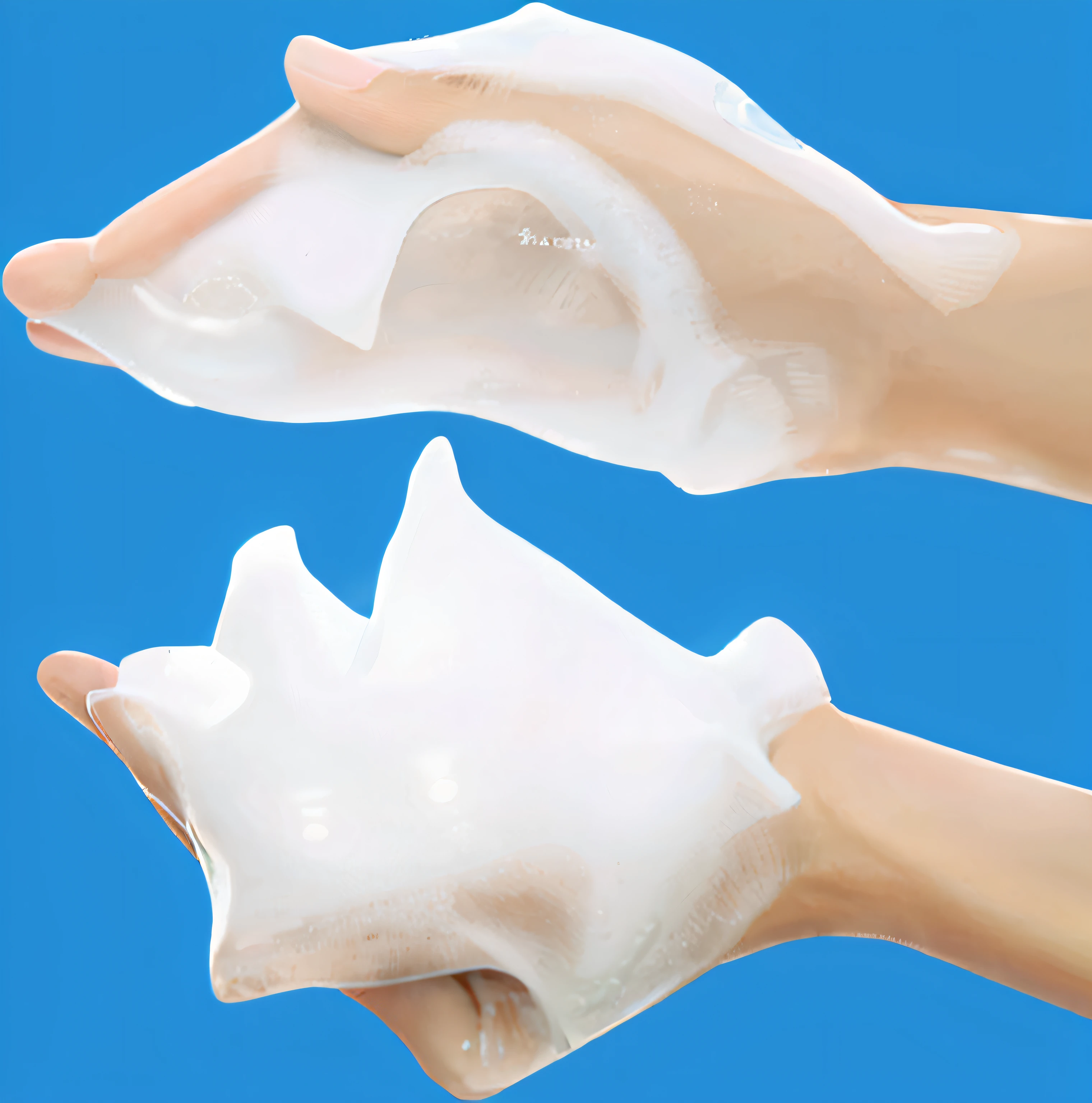 Someone is holding a foam hand with a blue background, white foam, silicone skin, bubbling skin, foamy bubbles, smooth clean surfaces, extra fleshy hands, some of them use gask mask, high quality topical render, Smooth translucent white skin, foam, gauze, Smooth surface, soft. High quality, Detailed picture