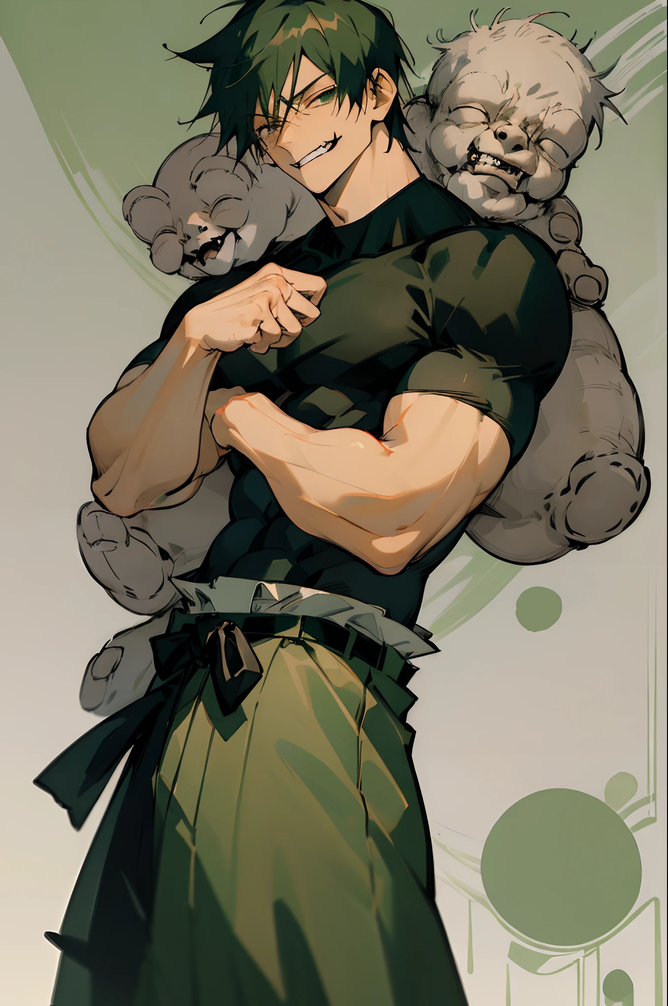 (masterpiece, best quality:1.2), green theme, cowboy shot, solo, male focus, 1boy, fushiguro toji, muscular male, evil grin, looking at viewer, black shirt, short sleeves, pants