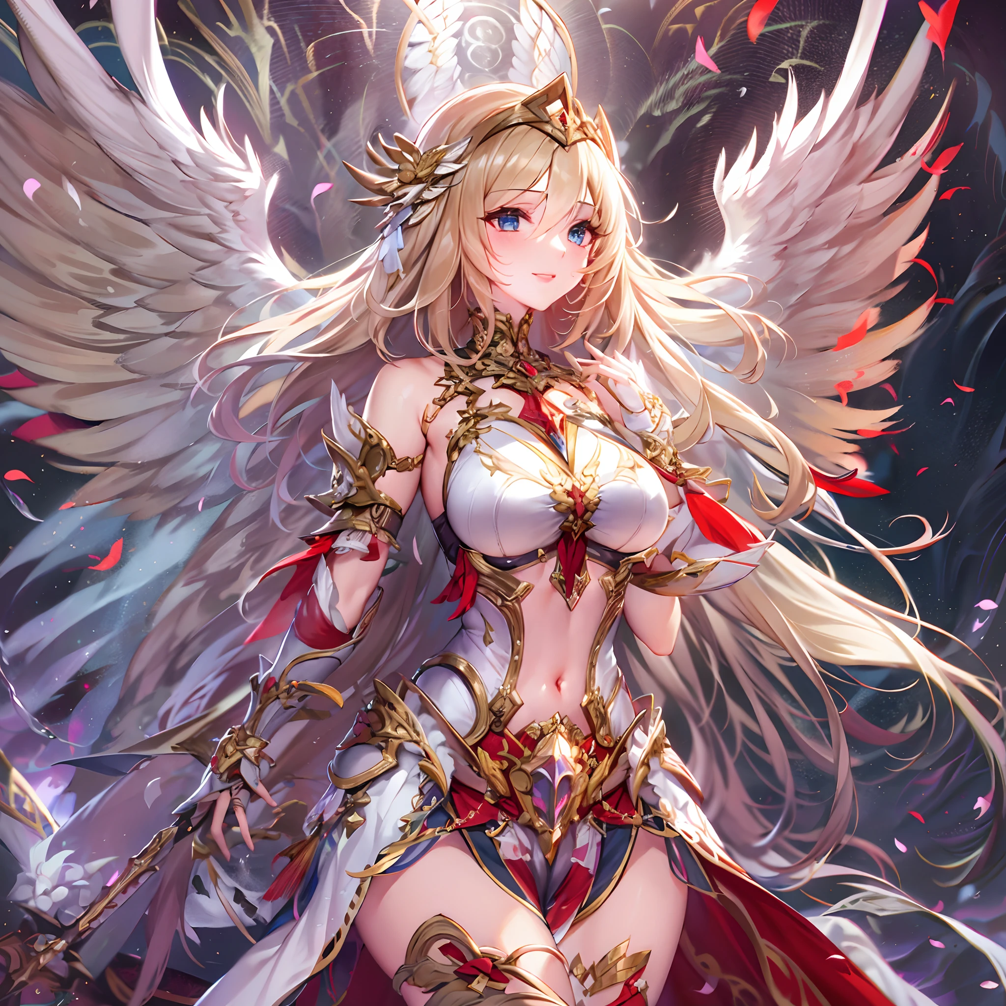 Quality over 8K, a female angel,Sexy,Long Blonde Hair,Anime,Goddess,Symmetrical blue eyes,Ultra detailed eyes,Transparent lingerie,forest,Sword,golden wings,Full body,hyperdetailed lips, hyperdetailed face, Double eyelids, Ultra Detailed feet,で,Beautiful legs,Tight boots,Full Leg Priestess、valkyrie、Angel wings、a navel、sideboob barbosa、with an intricate、Particles of light、thighs thighs thighs thighs、shinny skin、Perfect litthing、1girl in、looking at the viewers、Winged headgear、pelvis curtain、A smile、(​masterpiece)、(top-quality)、Very gigantic-breasts、maternal、Porcelain Skin、honey blonde hair、Very long hair、hair wavy(valkyrie,Paladin:0.6),Angel wings,with an intricate, Perfect Lighting,  Looking at Viewer,(masutepiece), (Best Quality)(valkyrie,Paladin:0.6),Angel wings,with an intricate, Perfect Lighting,  Looking at Viewer,(masutepiece), (Best Quality)(ValkyrieArmor:0.5),(Winged headgear:1.1),School Girl,,with an intricate, Perfect Lighting, 1girl in, Ponytail, Looking at Viewer, Smile, snulight,creek,blazing(masutepiece), (Best Quality),thighs thighs thighs thighs 、a beauty girl，red color mecha，As graceful as a swan，Enchanting，Long grey hair，Red body，Fluorescence line，White hands，lab room，FutureTech，Red indicator light on the body，Full body photo，standing on your feet，dreamy scene，，dyna，super detailing，Cell shade，8K detail post-processing，magnifica，hyperphotorealism，8K，epic composition，intricate-detail，unrealengine，Flying，Laser Cannon，Holy Angel Mecha，Mechanical exoskeleton，whaite hair，golden pupils，flower  sea，Eventide，Angel Maiden，Angel wings，White long skirt，war，Top quality combat stance, 4K, masutepiece :1.3), short petite pretty woman, Blue-haired、Curly hair、length hair、Colossal tits、 Ultra-detailed face、maid clothes、Detailed eyes, sluttish, Pose Seductive,  Smooth skin, (huge-breasted), Round breasts、red blush。kawaii、Shy、1 crying face、nightcity、Sateen、Kimono without sleeves、A dark-haired、Holding a weapon with blood on it、Looking at the camera、Cherry blossoms are d
