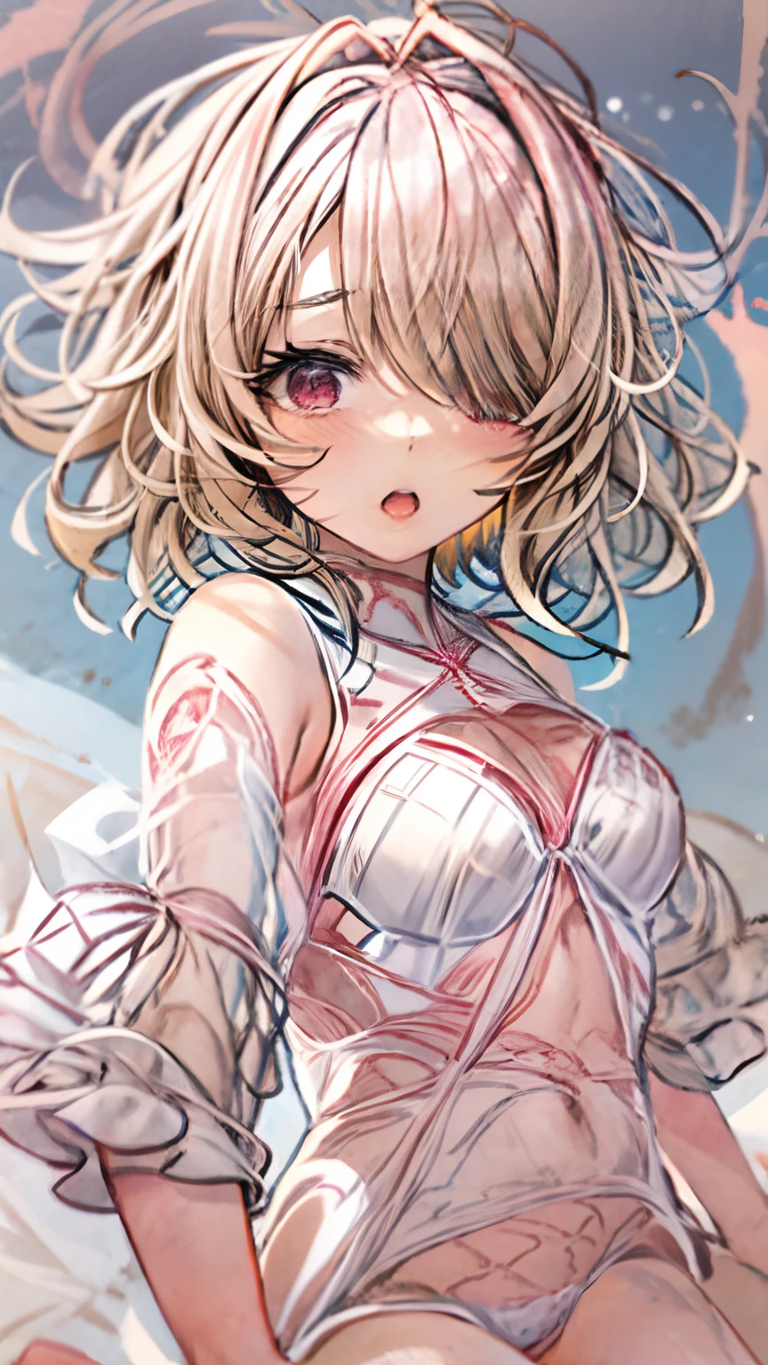 beautiful detailed (-child), intricate detail, cel shading, dutch angle, from below, thick thighs, leaning forward, beautifully painted, gigantic-s loli yearshair, bob cut, wept bangs, ((hair over one eye:1.4), floating hair, messy floating light-blue hair, hair blowing with the wind), authentic and detailed face, blush stickers, break, (((change of clothes))), fang, bare-shoulders, delicate hands, large-s, navel, zettai ryouiki, red eyes, wet skin, extremely detailed lace, beautiful hair decoration, ((white dress with pink lace with yellow decoration)), break, ((Cute children's room, Fancy room)), ((milky tone, Pink tones), shiny, very detailed cg unified 8k wallpaper, very precise detailed, highres,
