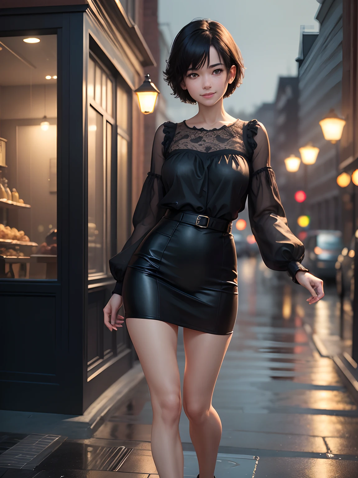 (8K, Best Quality, masutepiece:1.2), (Realistic, Photorealsitic:1.37), Ultra-detailed,((( 1 girl))),Solo,Beautiful detailed sky,Detailed Cafe,Night,Sitting,Dating,(nose blush),(Smile:1.15),(Closed mouth) Small breasts,Beautiful detailed eyes,(Shirt:1.1), Night, Wet, Rain,White lace, (Short hair:1.2),Floating Hair NovaFrogStyle, ((Full body)),to stand, Sexy, Cute,Short black hair,