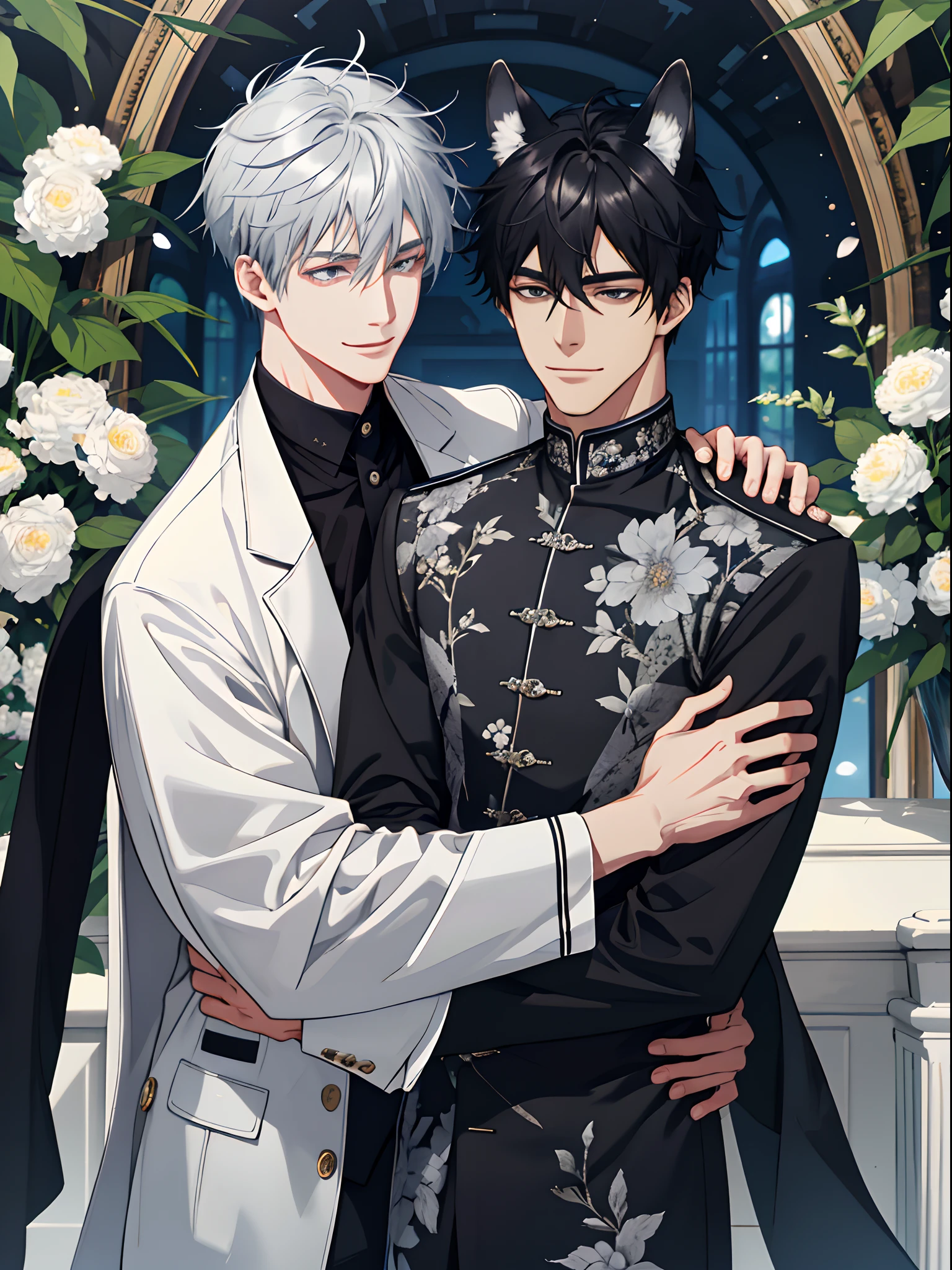 (8K, hight resolution, ultra-detailliert), ((2 men)),(Gay Couple), Hair color is different, (cuddling), full bodyesbian, Silver-haired and black-haired, (Man smiling face to face)、Gray-haired man with beautiful wolf ears、Strong man with black hair with wolf ears、Knight's uniform、Animal ears,、florals、Lots of flowers nearby、extra detailed face