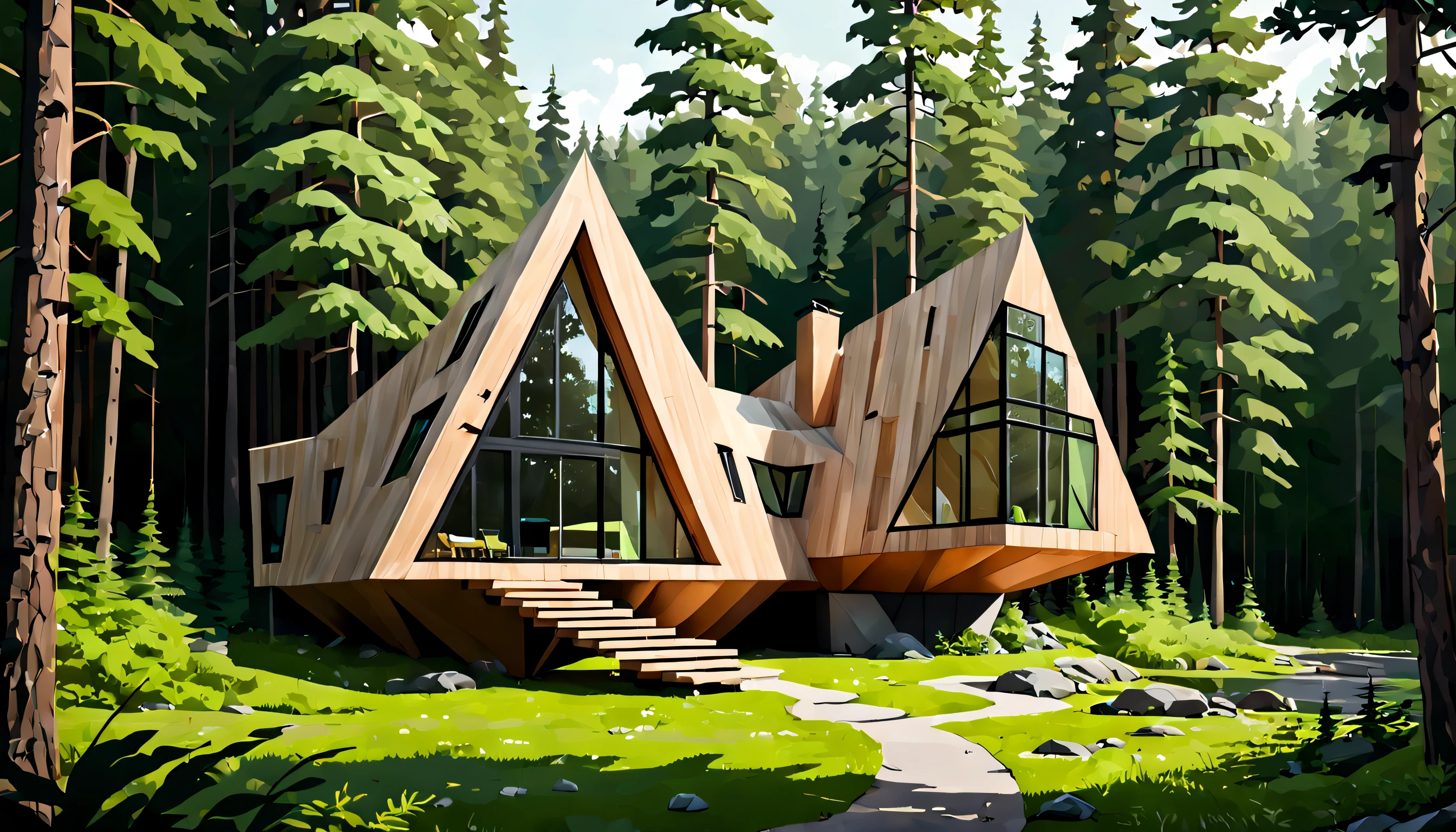 An unexpectedly modern and geometric cabin in the woods, appearing as an organic blend of nature and technology, with lush, vivid forest surroundings, capturing both the serene beauty of the environment and the daring angular architecture in an eye-catching harmony.