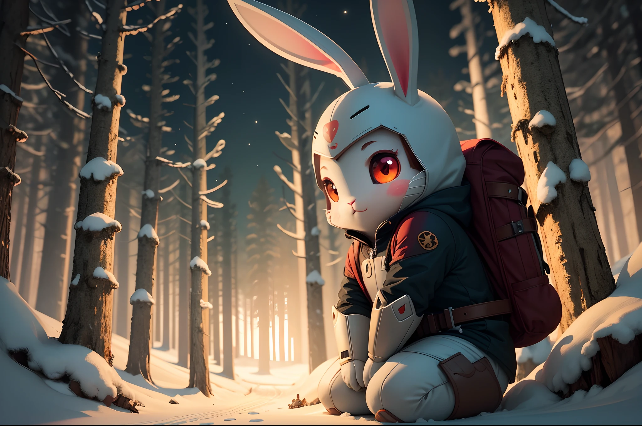 A cute rabbit sticker, a cute rabbit adventurer,wearing adventurer suit,red eyes, deep forest. It's night but it's bright