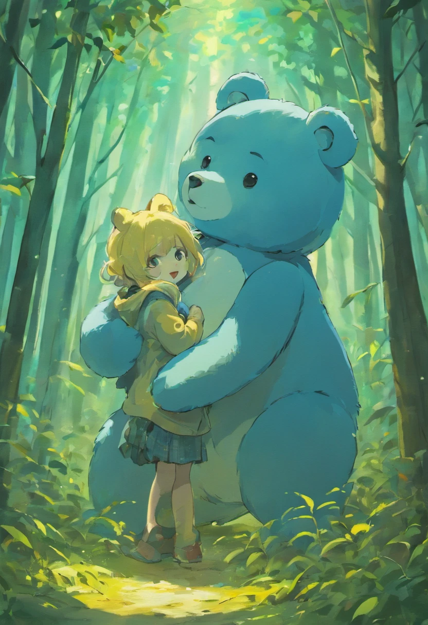 Create realistic drawings of blue teddy bears, Ted style, Hand drawing,cel shadow, In the forest with the magic ball