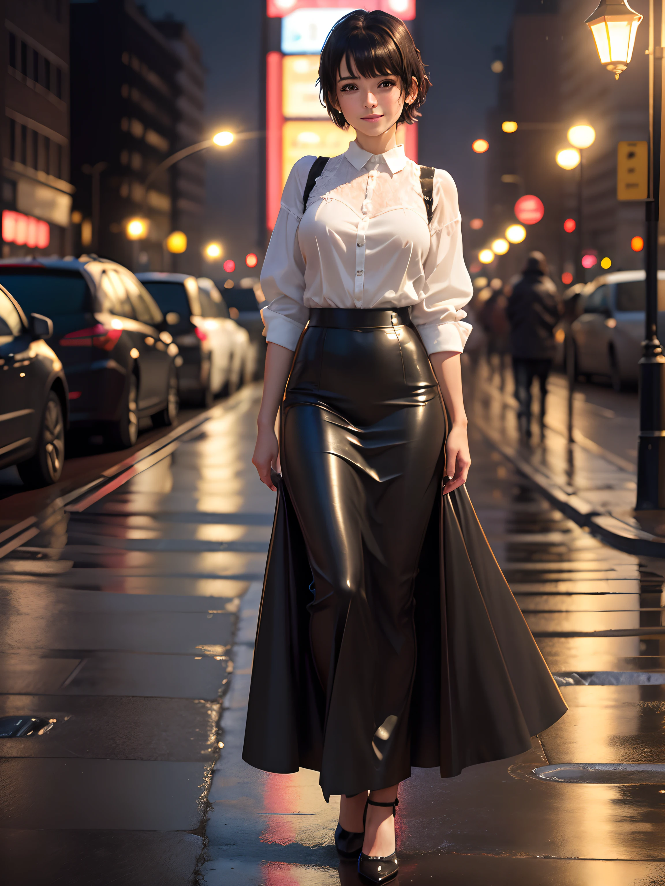 (8K, Best Quality, masutepiece:1.2), (Realistic, Photorealsitic:1.37), Ultra-detailed,((( 1 girl))),Solo,Beautiful detailed sky,Detailed Cafe,Night,Sitting,Dating,(nose blush),(Smile:1.15),(Closed mouth) Small breasts,Beautiful detailed eyes,(Shirt:1.1), Night, Wet, Rain,White lace, (Short hair:1.2),Floating Hair NovaFrogStyle, ((Full body)),to stand, Sexy, Cute,Short black hair,