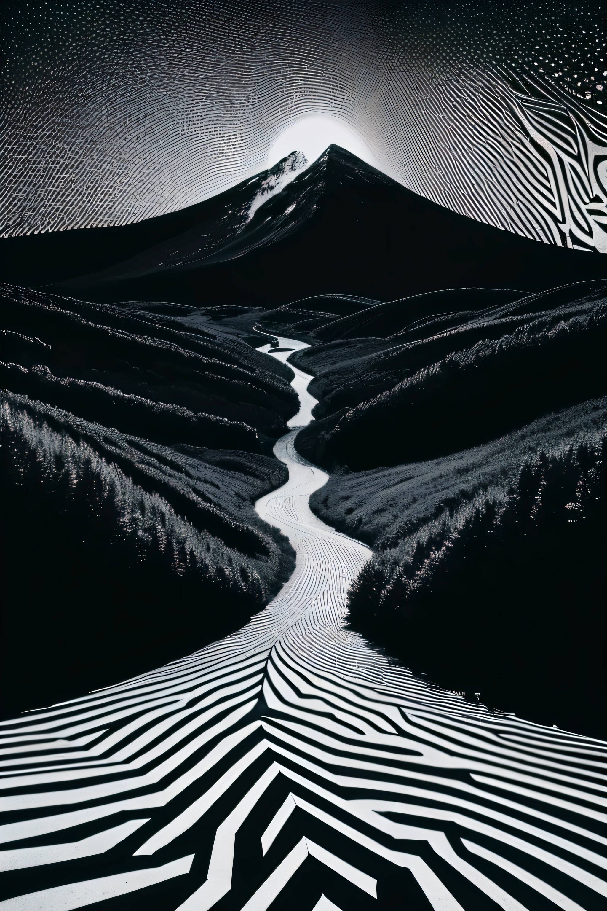 1️⃣ The cover of Black Box Forest 2, In the style of Stanley Donwood, Monochrome Op art, [Jim Woodlin, Lyrical lines, Leiji Matsumoto, Spiritual landscape, Ultra-fine details - AR 9:16 -- seconds 50 2️⃣ Taylor Swift《labyrinths of》Cover of a，Joe DiMaggio, In an intricate psychedelic landscape style, Monochrome painting, hand-drawn animation, emily carr, woodcut print, mountainous vistas, Encoding mode -- AR 9:16 --sec 50