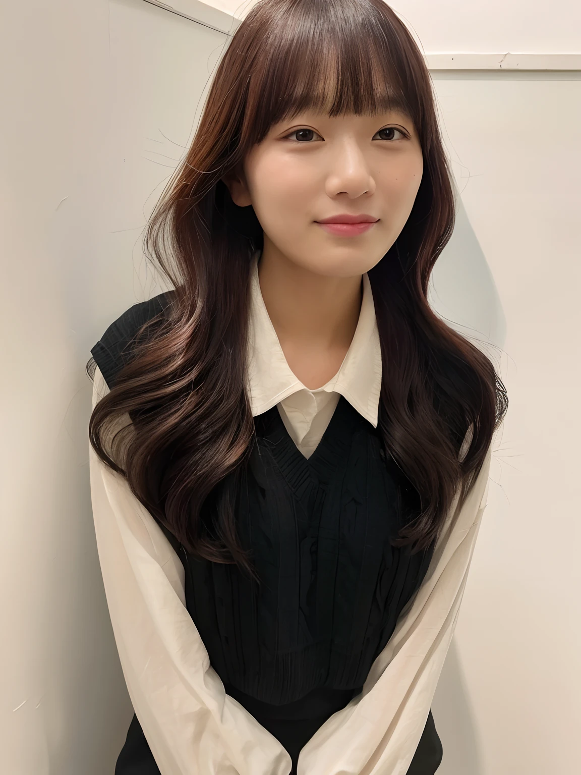 top-quality、超A high resolution、(Photorealsitic:1.4)、女の子1人、(faded ash gray hair:1)、Small breasts、looking at viewert、a closeup、A Japanese Lady、white backgrounid、takeout、Natural styling、Looking at the camera、Cute impression、A simply dressed、white  shirt、Less exposure、With bangs、Natural curly hair、