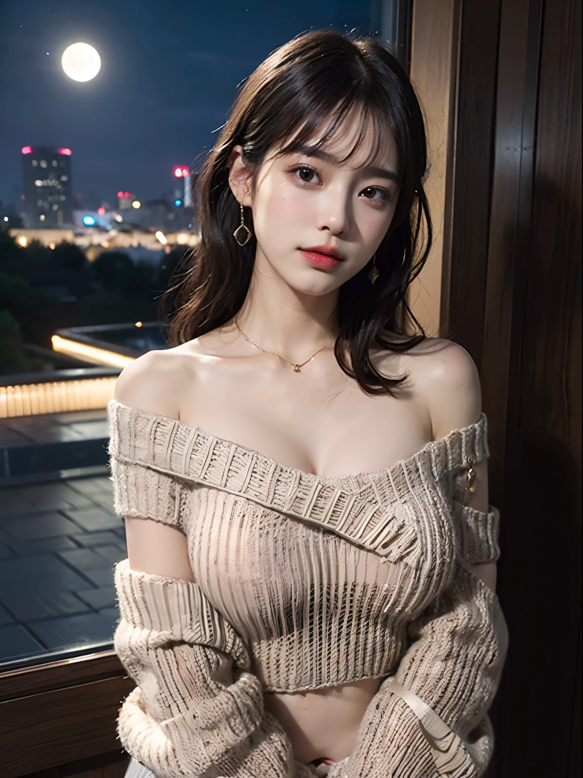 (8K、RAW Photos、top-quality、masterpiece:1.2)、(realisitic、Photorealsitic:1.37)、1人、japanes、25-years old、femele、(deep in the night)、Moon Night、a room、cityscape visible from window、high key lighting、Studio Lighting、face lights、(Angle from the front)、photon maping、Radio City、(full body Esbian)、(fullnude)、dark brown hair、详细的脸、Detailed lips、detailedeyes、More skin、二重まぶた、(Colossal tits:1.4)、(off-the-shoulder sweater)、(no brassiere)、(no panty)、a necklace、(cammel toe)、perfectbody、shinny skin、(to stand)、((Off-Shoulder Sweater Lift:1.5))、smirking face、Make eye contact with the camera、length hair