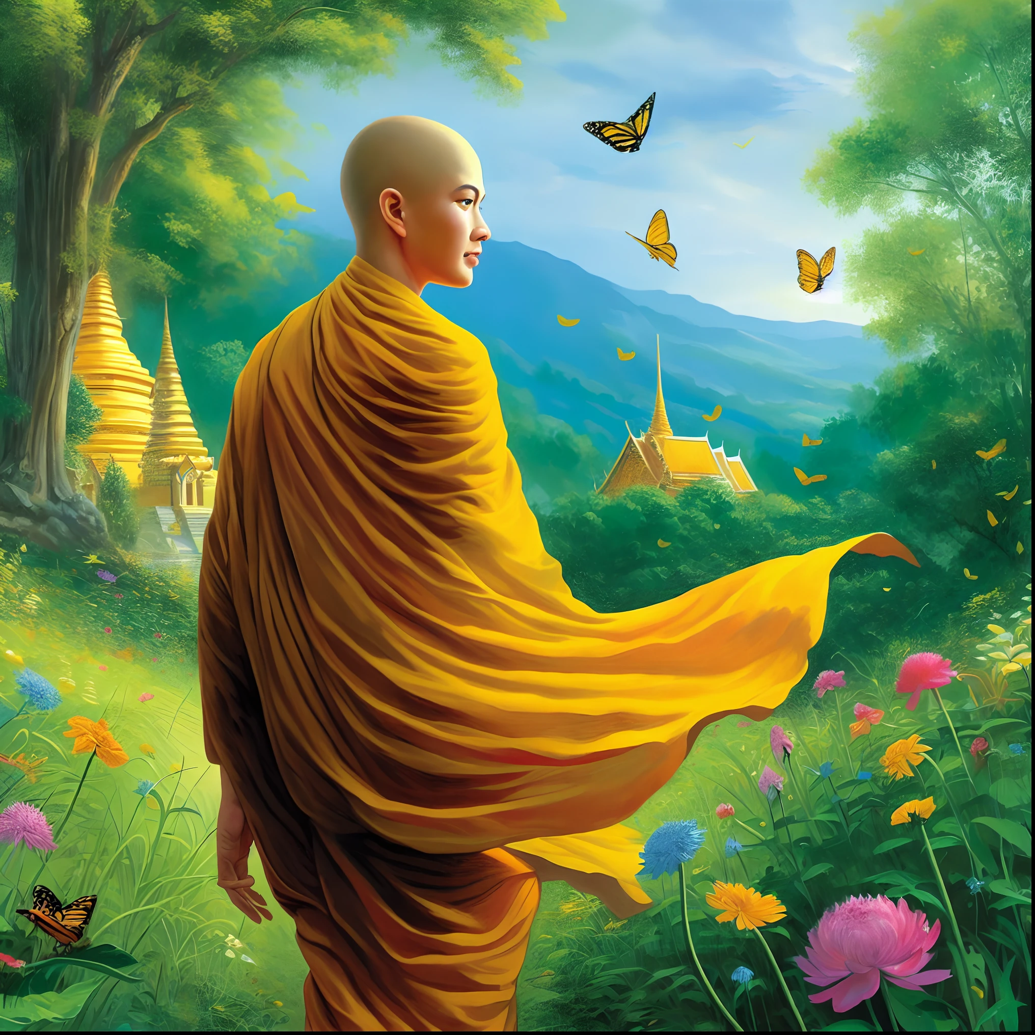 a painting of a monk walking through a field of flowers, on path to enlightenment, buddhist monk, on the path to enlightenment, buddhist, buddhism, portrait of monk, monk meditate, monk, the buddha, samsara, buddhist monk meditating, 2 1 st century monk, by Ma Quan, by John La Gatta, concept art of a monk